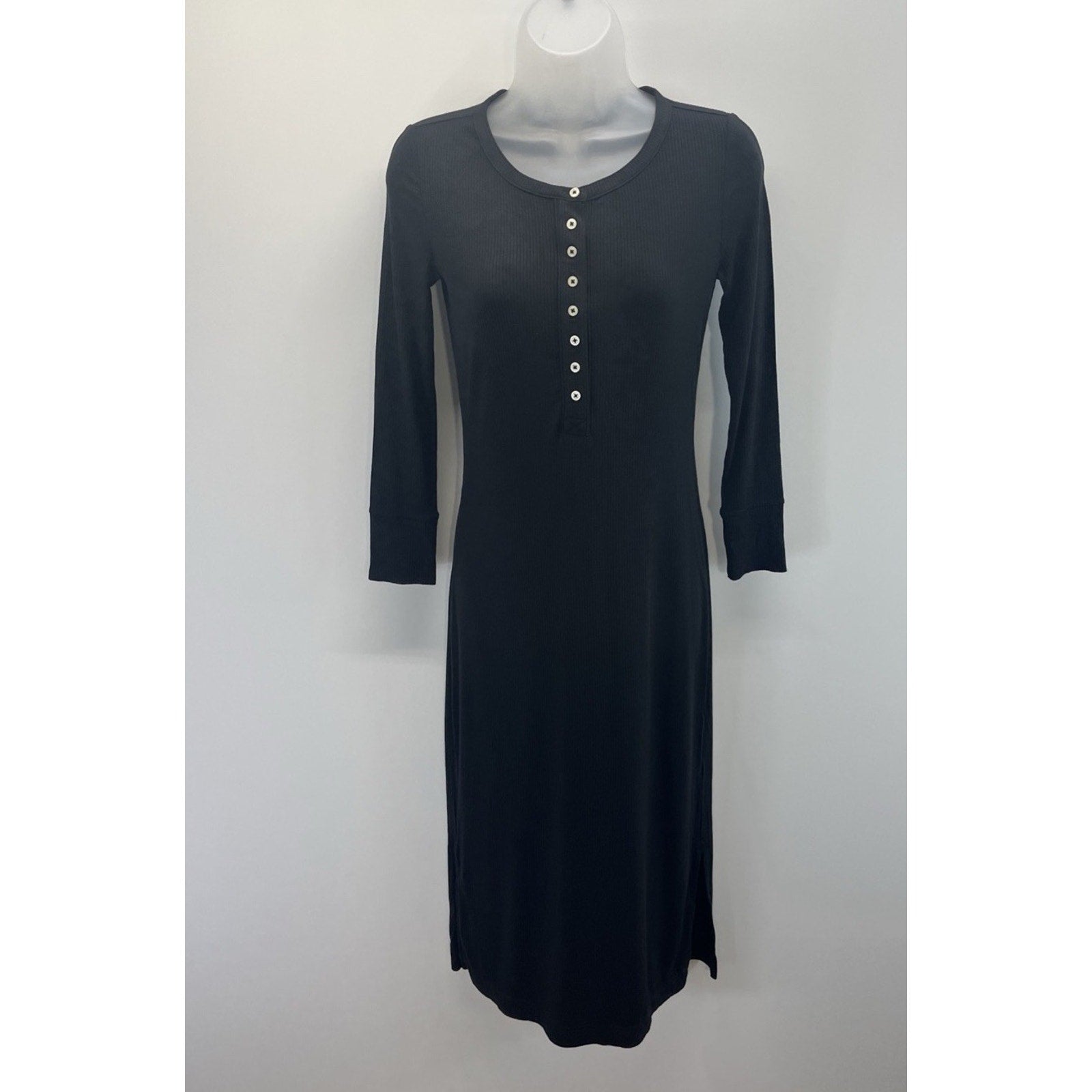 New GAP Black Ribbed Dress XS Midi Long Sleeve Cotton Blend Knit NWT
