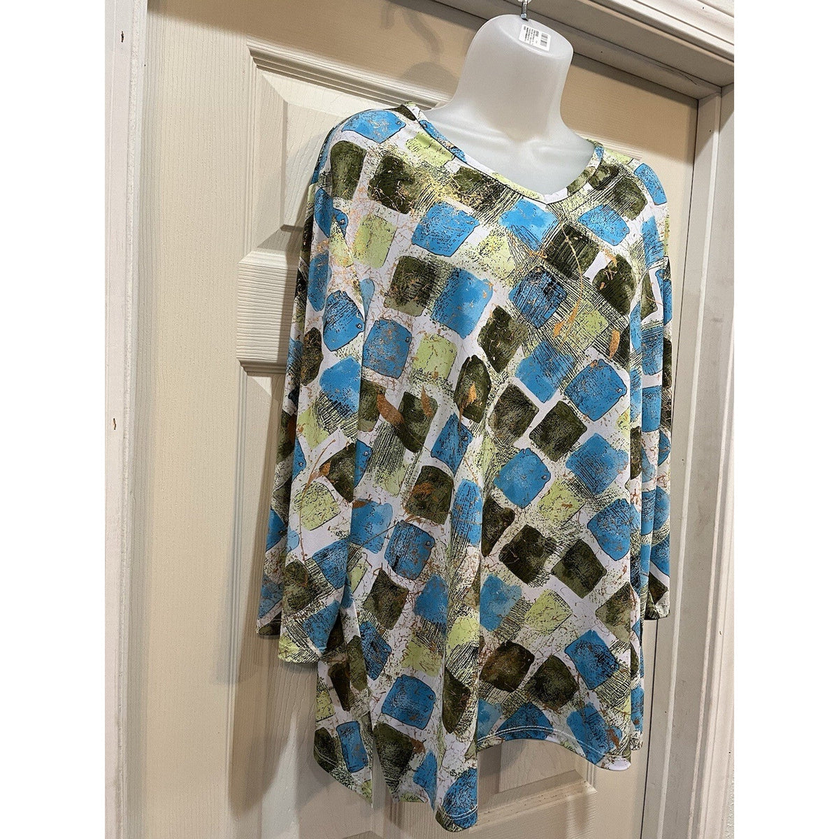 Alia Geometric Print Blue Brown 3/4 Sleeve Women's Plus Size 2X Ladies Top