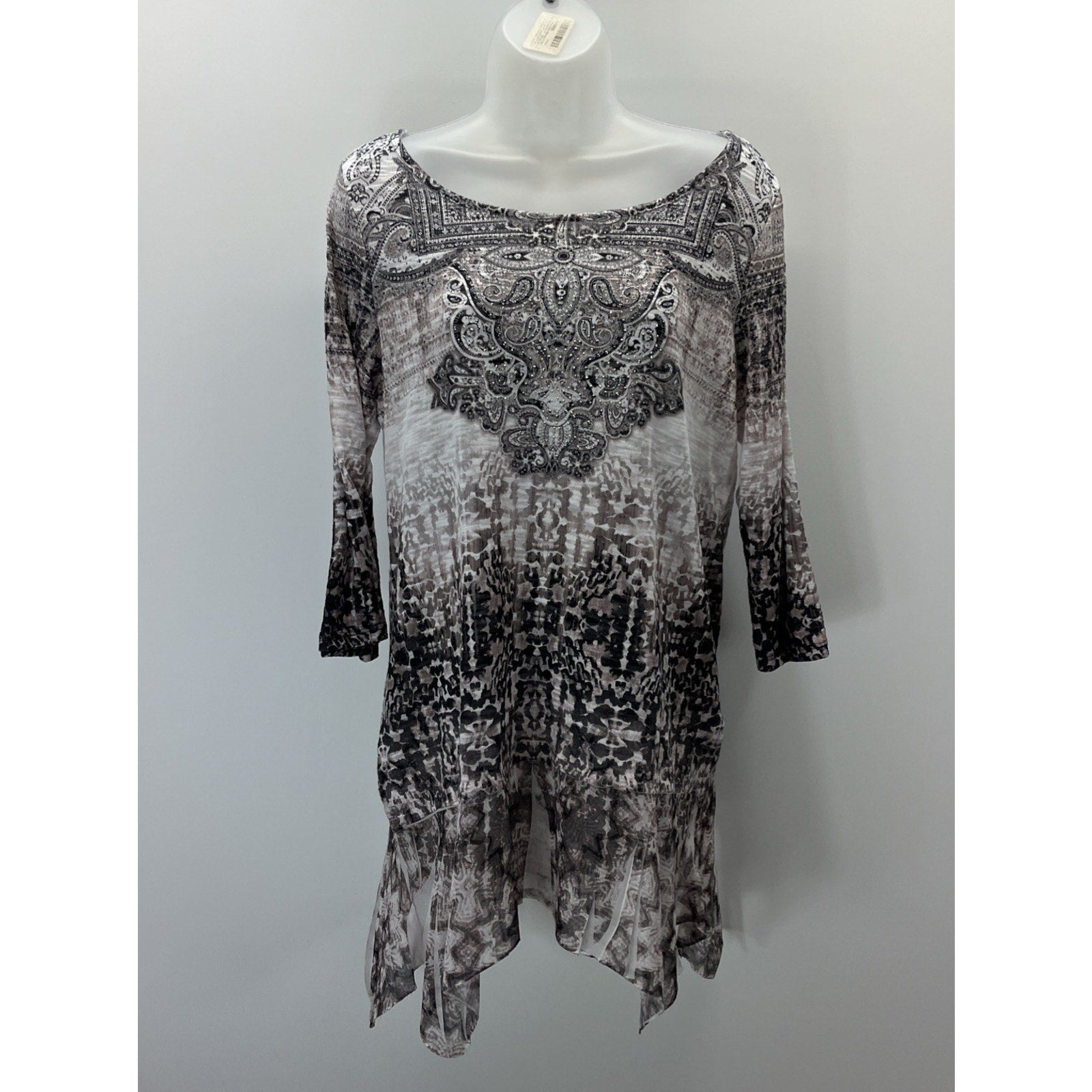 Energe World Wear Jewled Grey Printed 3/4 Sleeve Tunic Blouse Size L