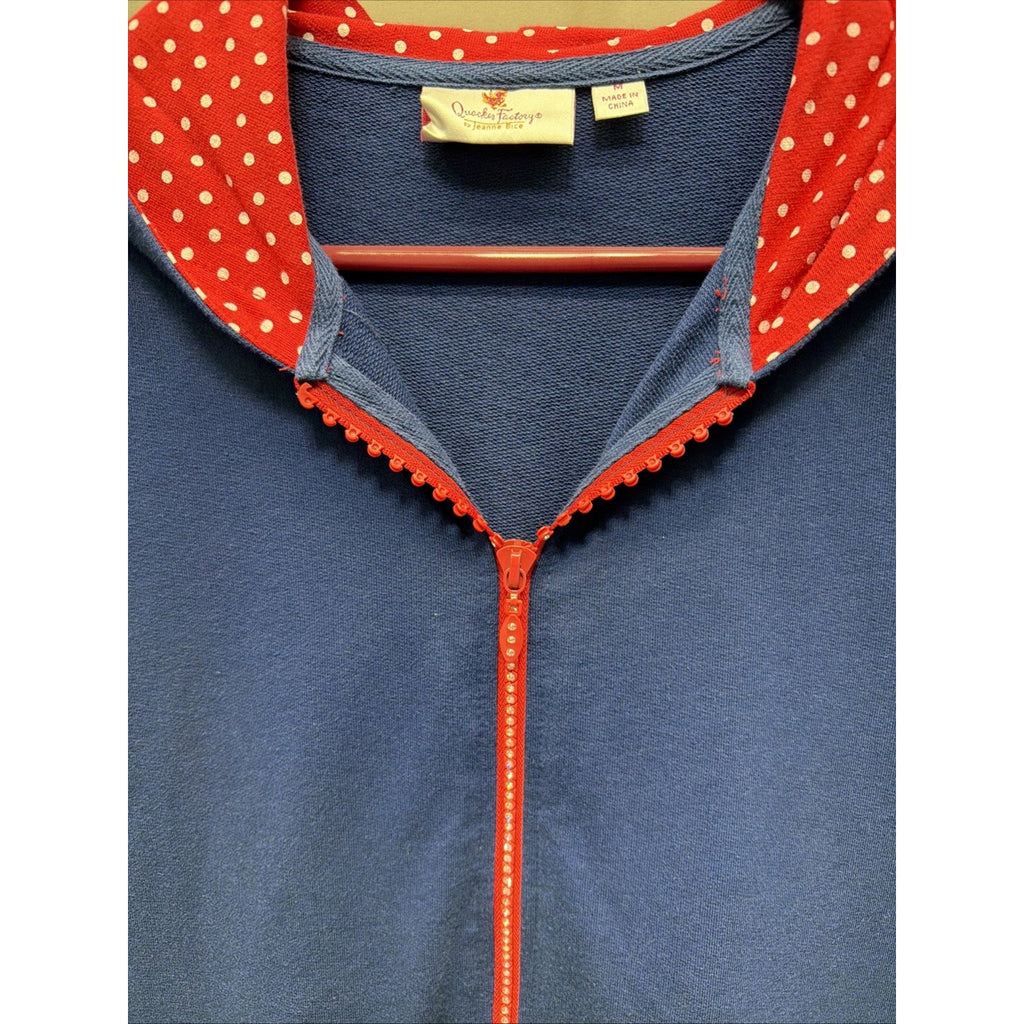 Quacker Factory Women's Polka Dot Trim Blue Hoodie Full Zip Size-M