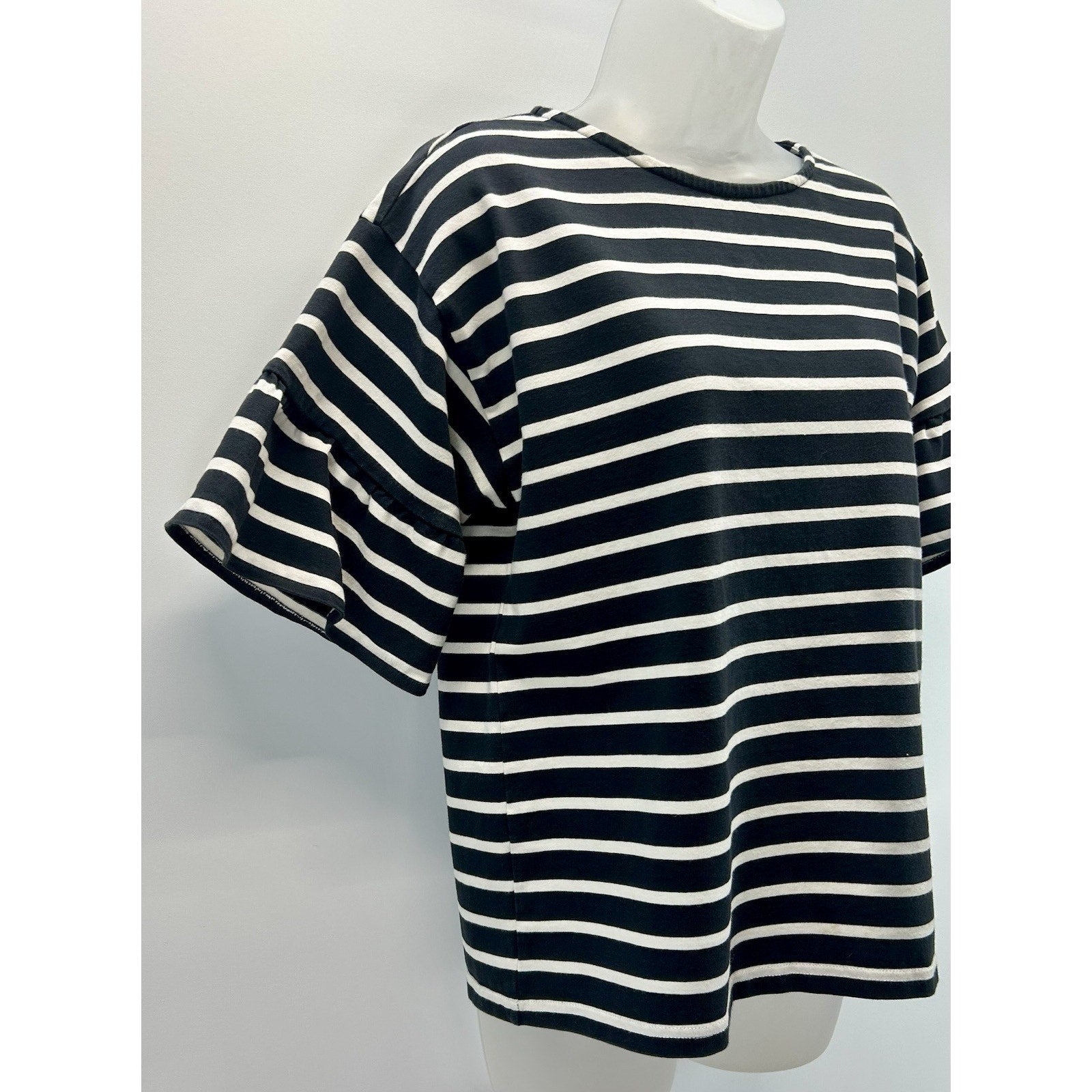 J. Crew Mariner Top Womens S Black White Striped Ruffle Short Sleeve Nautical.