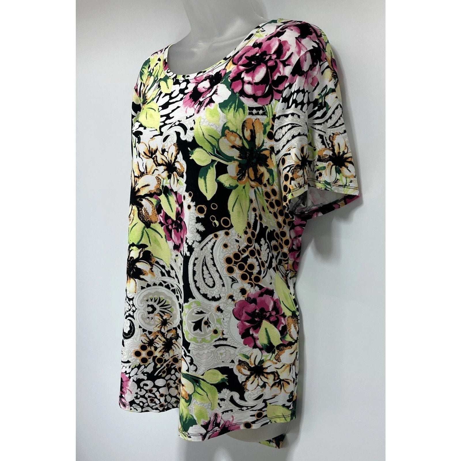 Chicos Top Women 2 US L Multi Floral Blouse Colorful Stretchy Bloomcore Mature