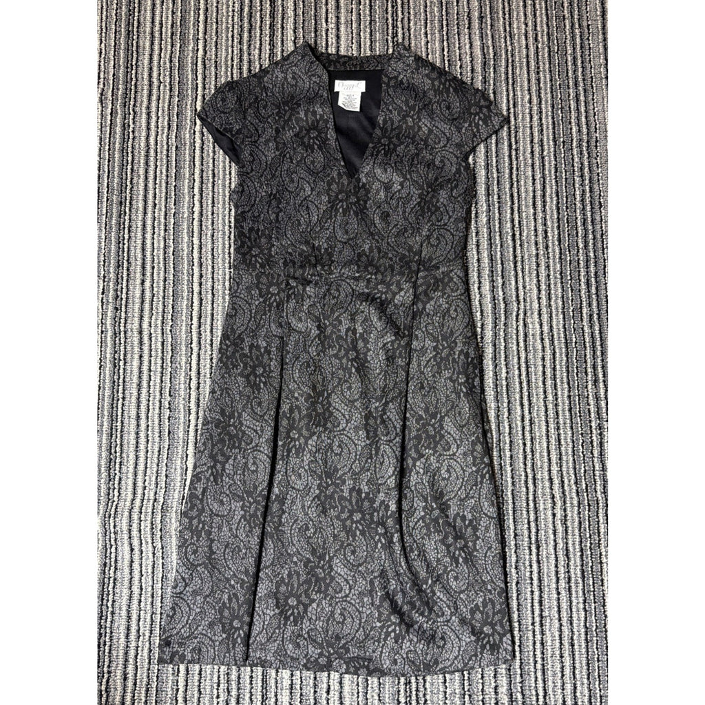 Maggy L Women’s Size 4 Black Gray Lace Print Fit & Flare Dress Cap Sleeve