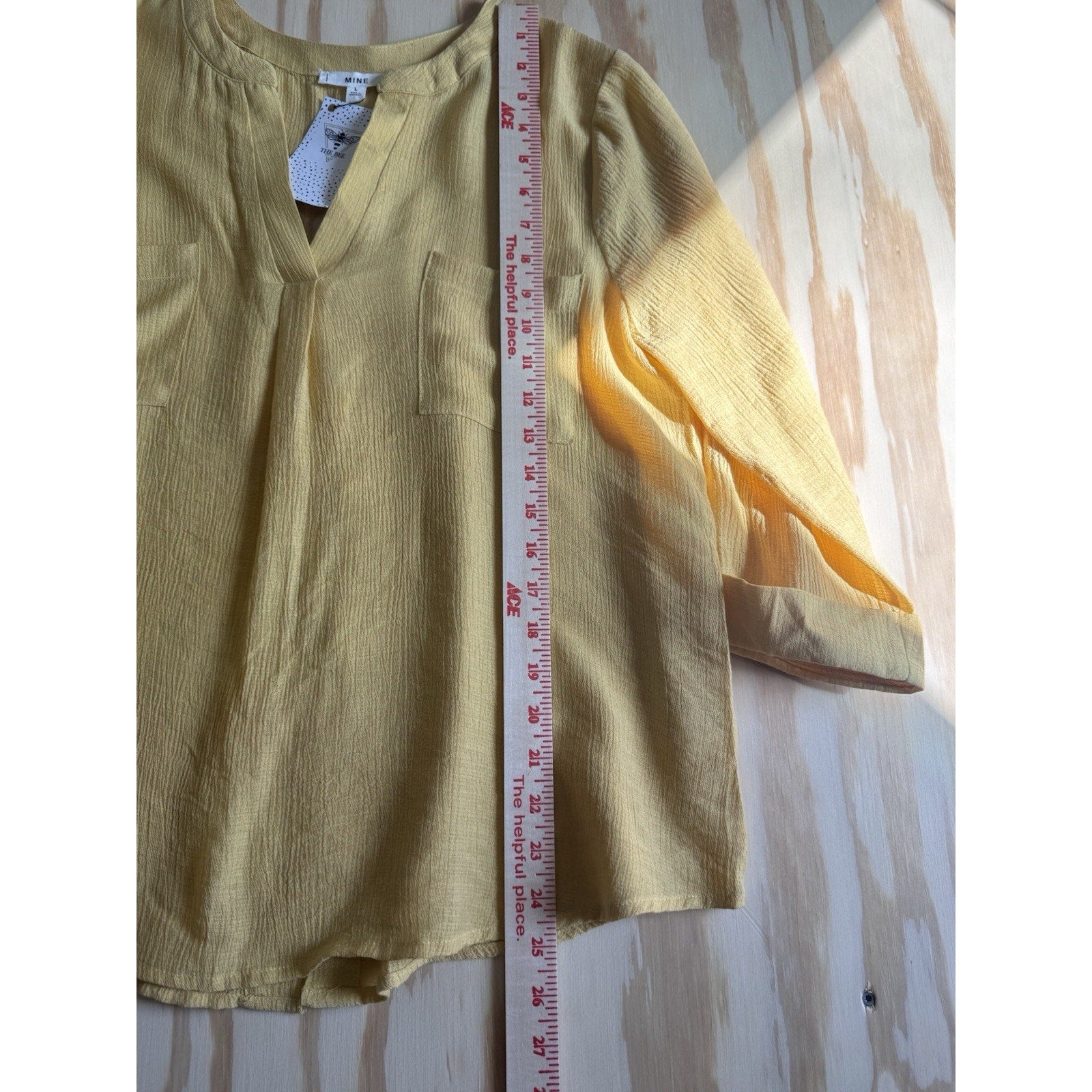 The Bee Notch V-Neck Ribbed Yellow Roll Sleeve Button Back New Women’s Large