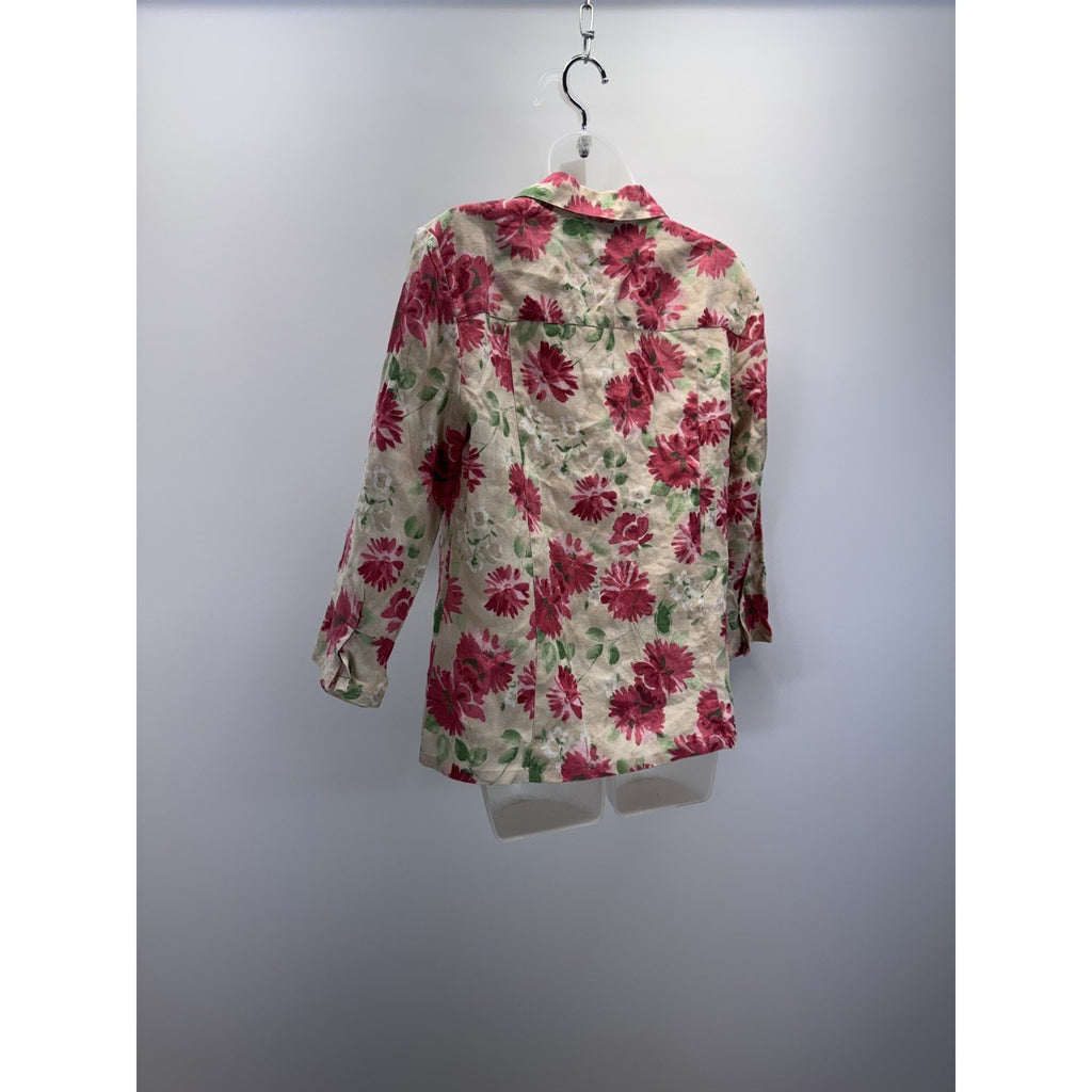 JM Collection Womens Linen Button Down Floral Blouse Sz 10