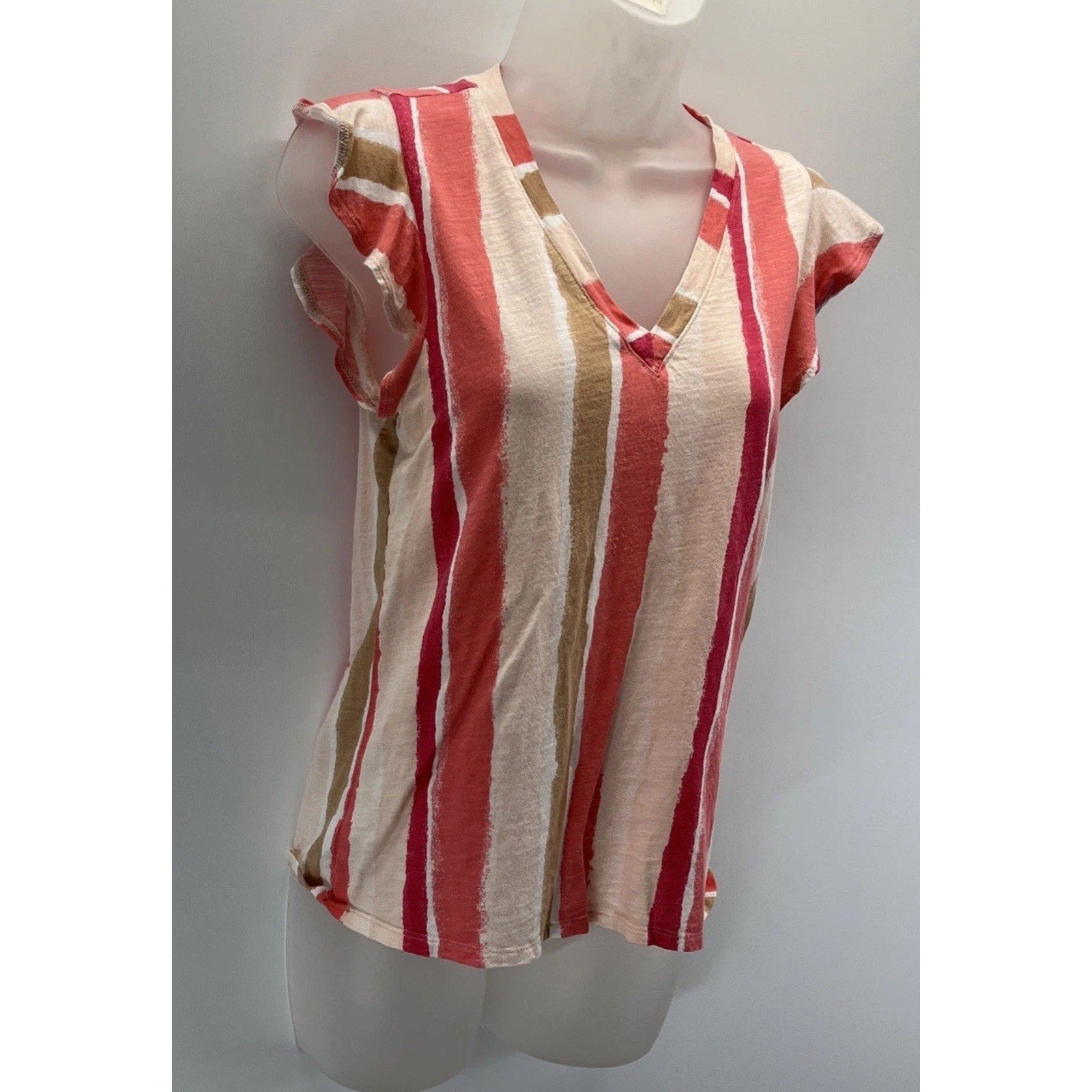 LOFT Womens Rust Red Mustard Striped Short Sleeve Vintage Soft Blouse Medium