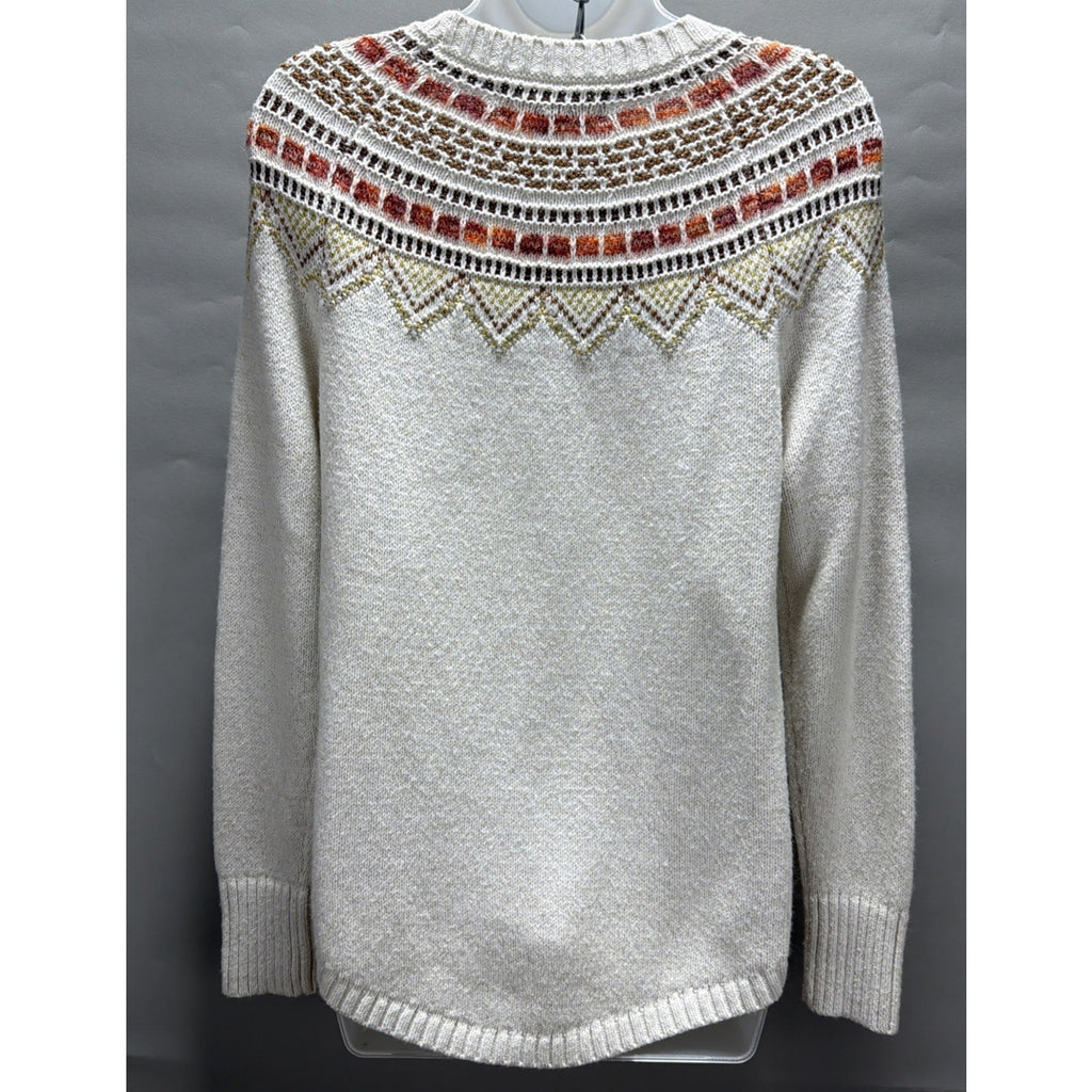 Loft Sweater Womens M Cream Metallic Fair Isle Nordic Cotton Wool Blend Pullover