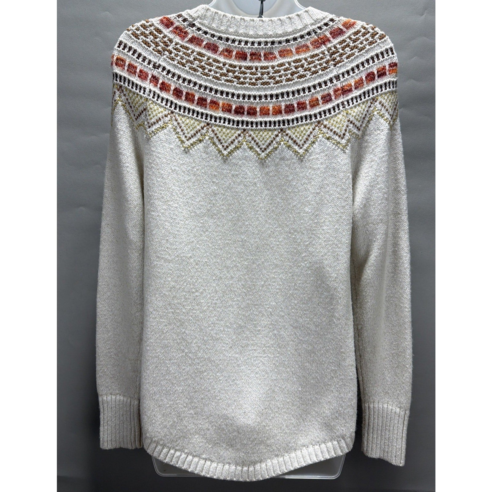 Loft Sweater Womens M Cream Metallic Fair Isle Nordic Cotton Wool Blend Pullover