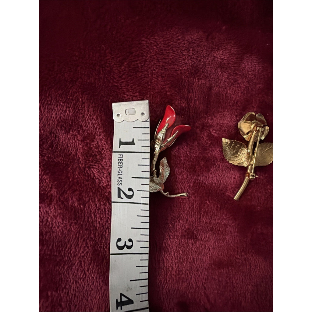 VTG Brooch 2PC Set Gold tone Red Rose Elegant Romantic Florals Pins