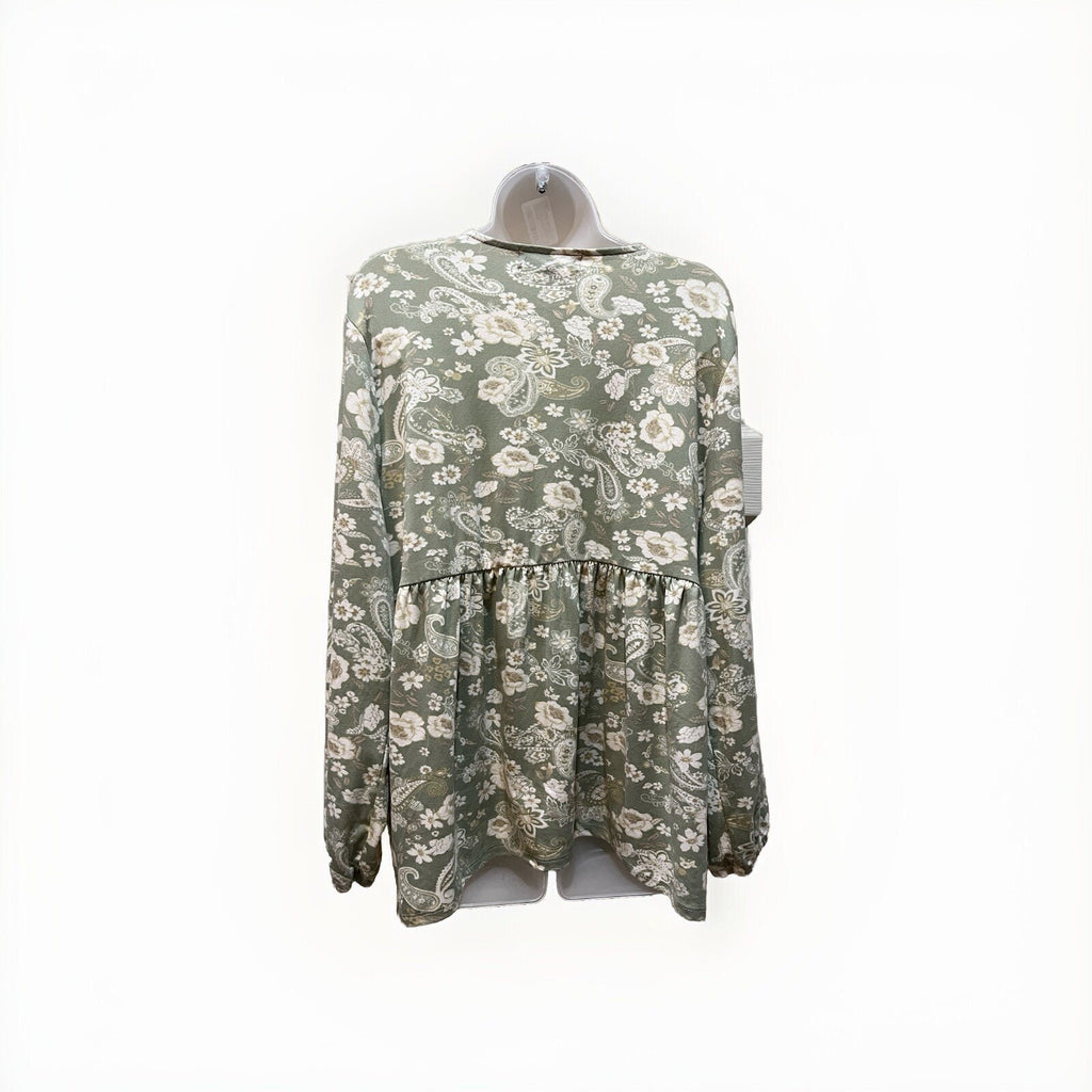 Absolutely Famous Women's XL Green Floral Print V-Neck Sleeve Blouse