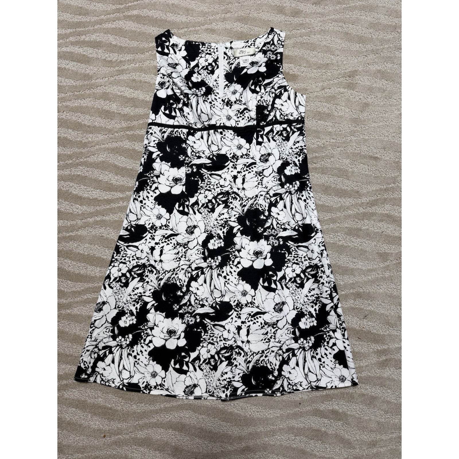 dBy Ltd Black White Floral Dress Womens 12 Sleeveless A-Line Stretch Lined
