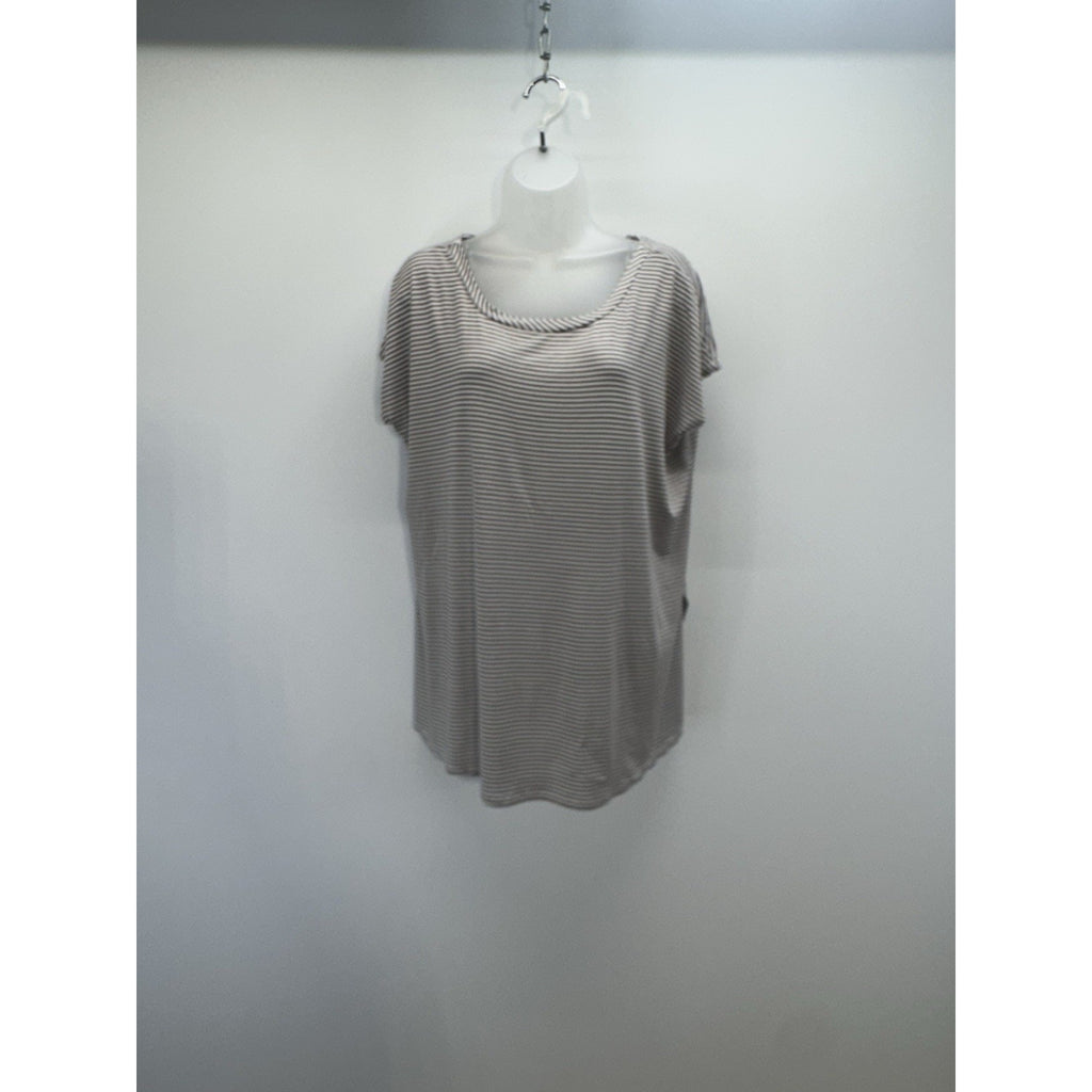 Rae Mode Scoop Neck Taupe Striped Short Sleeve Tunic Top Women’s Size Large NWT
