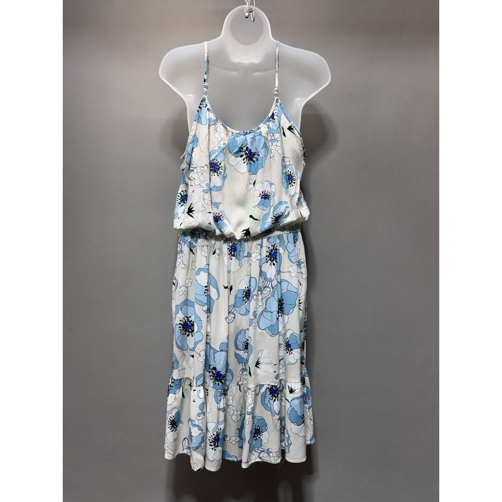 Calvin Klein Women’s Floral Sleeveless Dress Size 10 Blue White Tiered Tie Neck