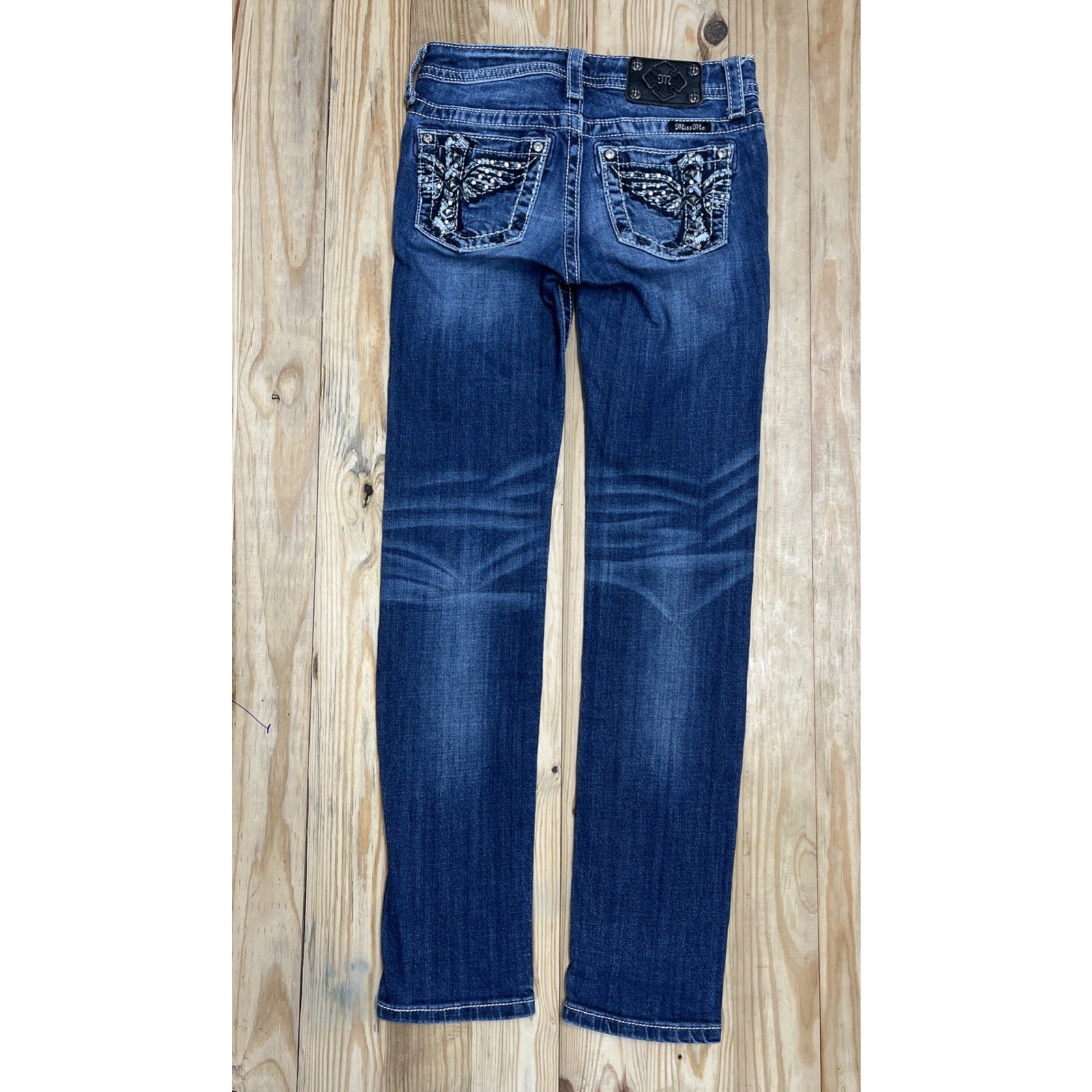 Miss Me Jeans Youth 12 Blue Denim Skinny Rhinestones Studs Dark Wash Women 25x29