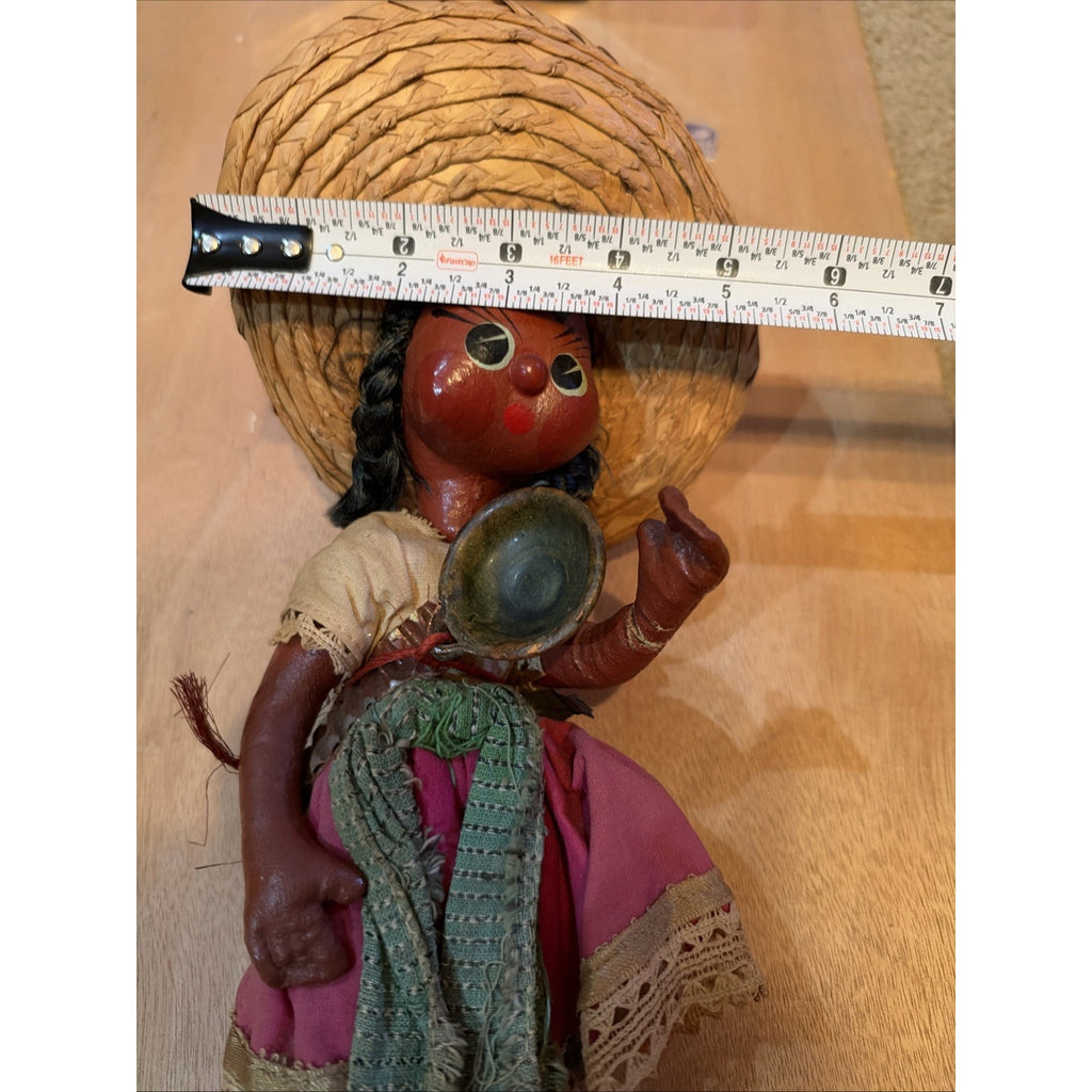 Vintage Mexican Folk Art Mother Baby Doll Sombrero Bowl Pink Dress 14” Souvenir