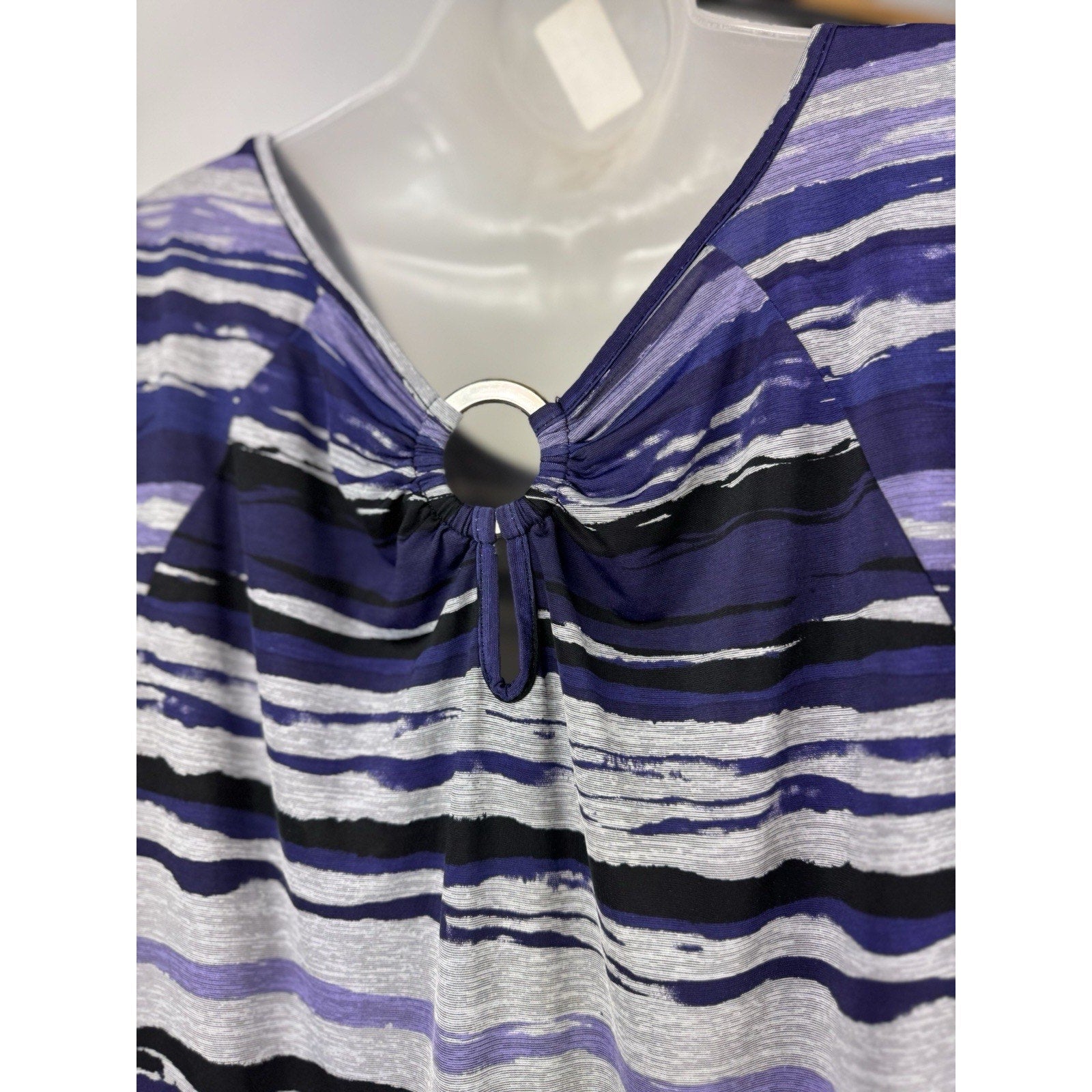 Women's Perseption 1X Blue Stripe Silky Sheer Summer Blouse Keyhole Back