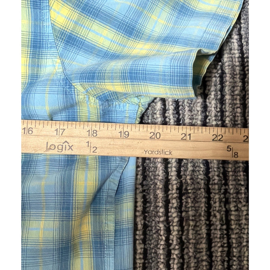 Cabela’s Women L Blue Yellow Plaid Button Down Shirt Short Sleeve Stretch Cotton