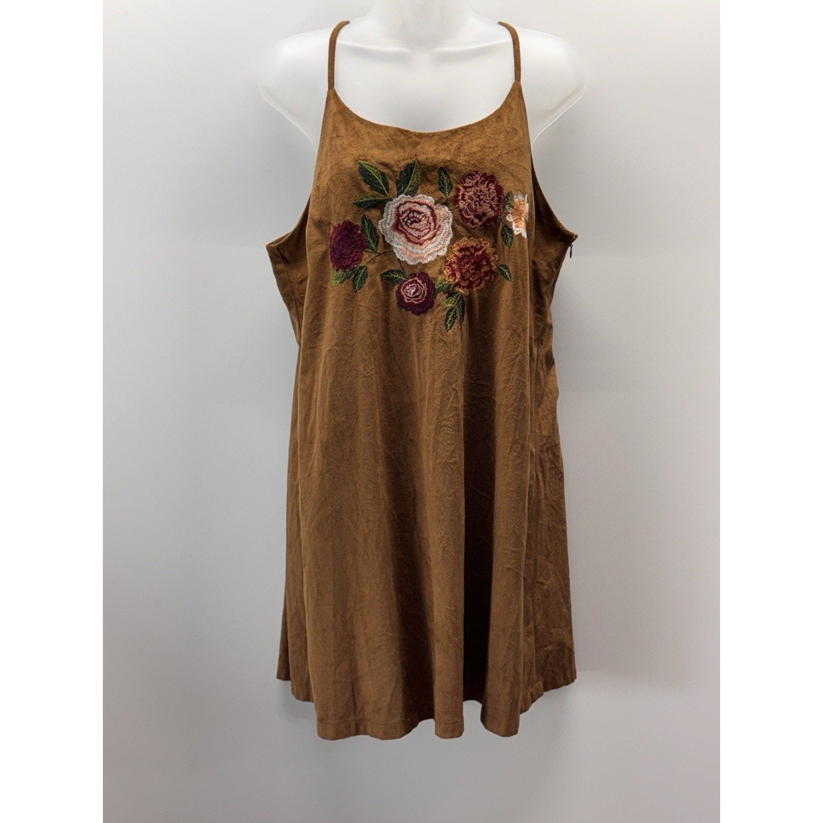 Blu Pepper Embroidered Floral Suede Look Thin Straps Side Zipper Brown Dress L