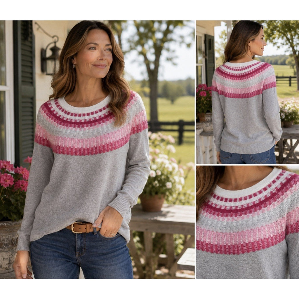 Talbots Women M Fair Isle Long Sleeve Pullover Rib Yoke Crewneck Sweater