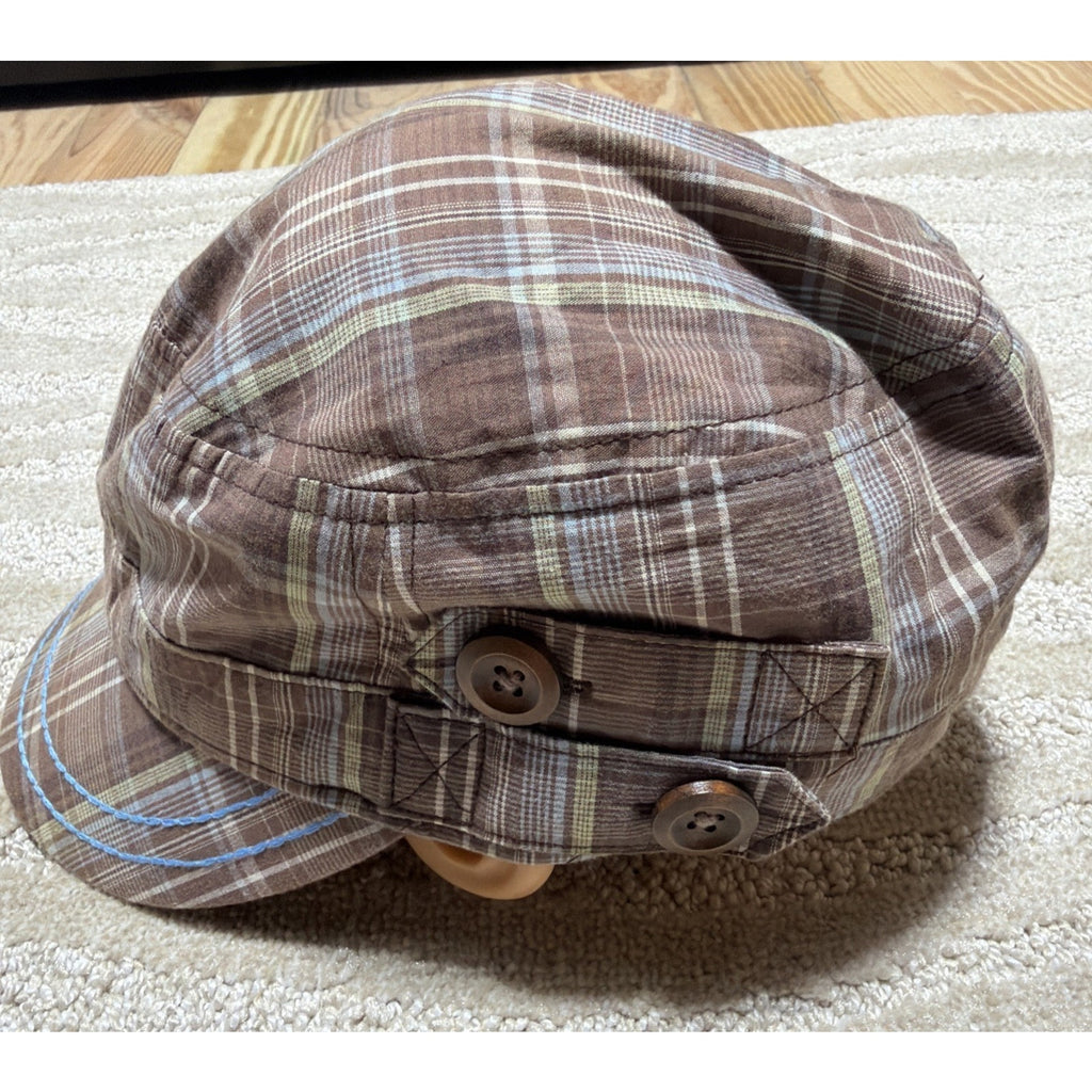 TROPICAL TRENDS Plaid Button Detail 100% Cotton Elastic Back Cap Hat One Size