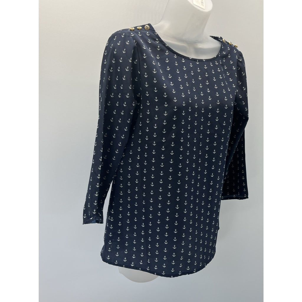 J. Crew Navy Blue White Nautical Anchor Print Blouse Top XS