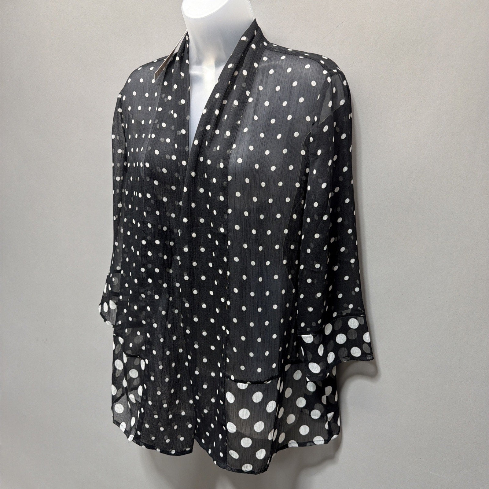 New Chicos Cardigan Top Sz O S Black White Polka Dot 3/4 Sleeve Open Front