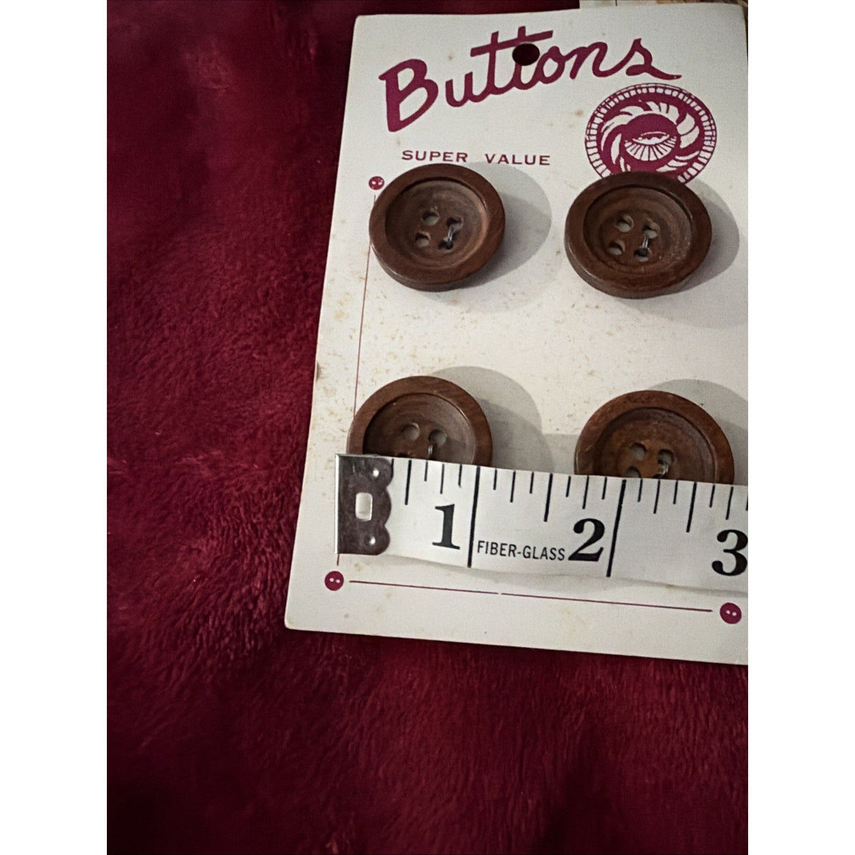Vintage Brown Wood Buttons 4 Hole 1 1/4” Large Sewing Craft Original Card NOS