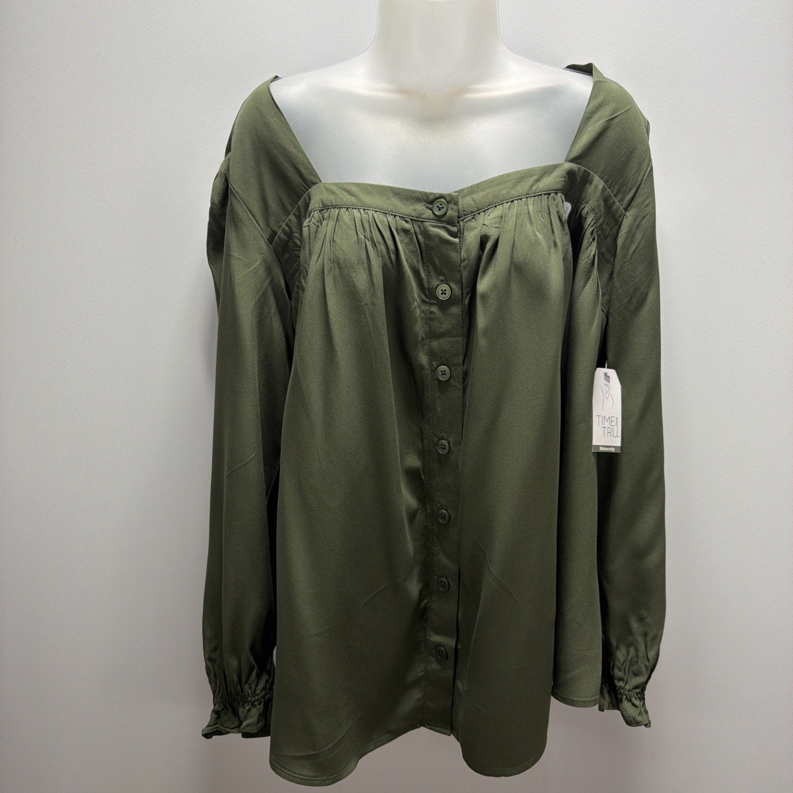 TIME AND TRU MATERNITY Sea Turtle Green Long Sleeve Square Neck Blouse L NWT