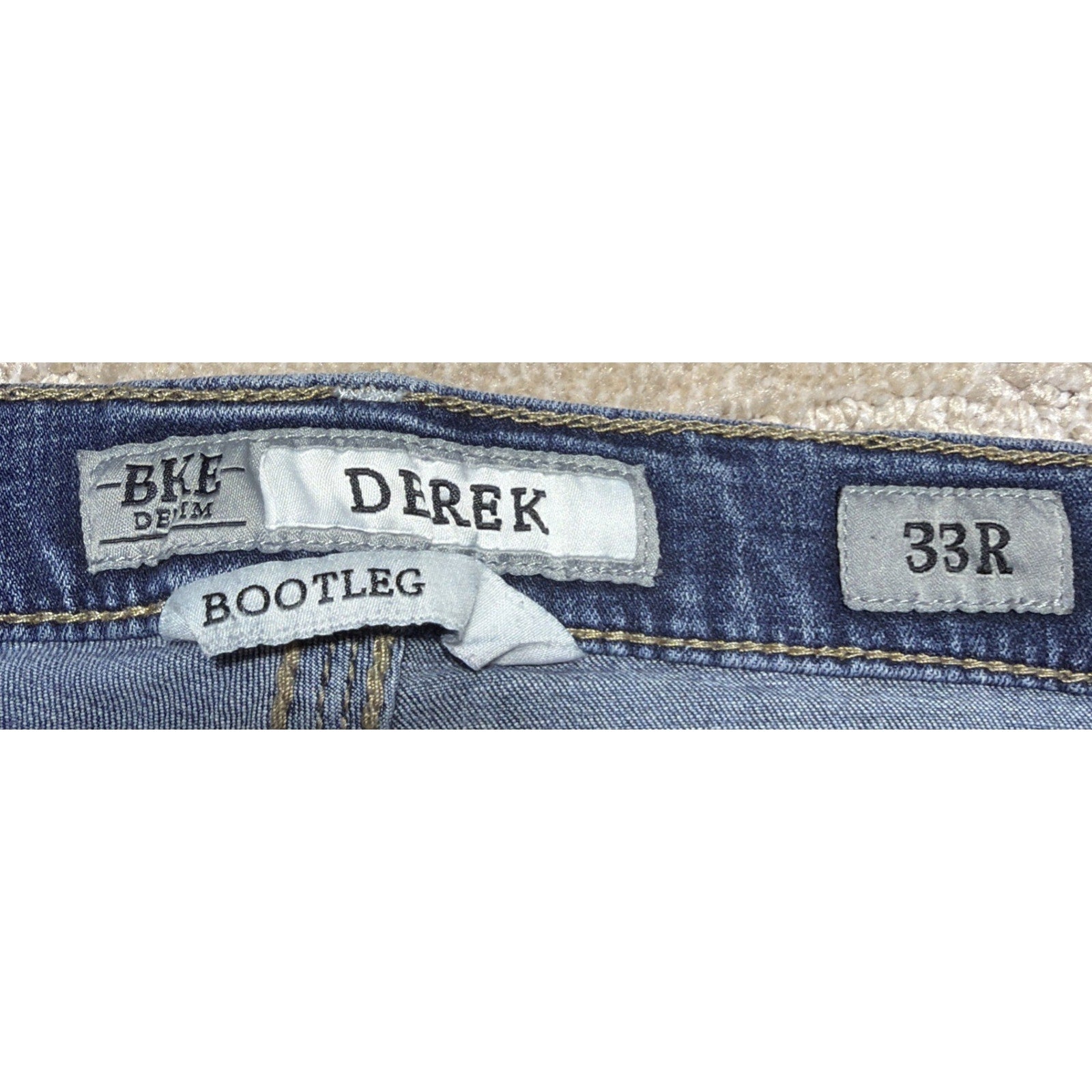 BKE Derek 33R Bootleg Denim Jeans Med Wash Thick Stitch Workwear Stained 33x31