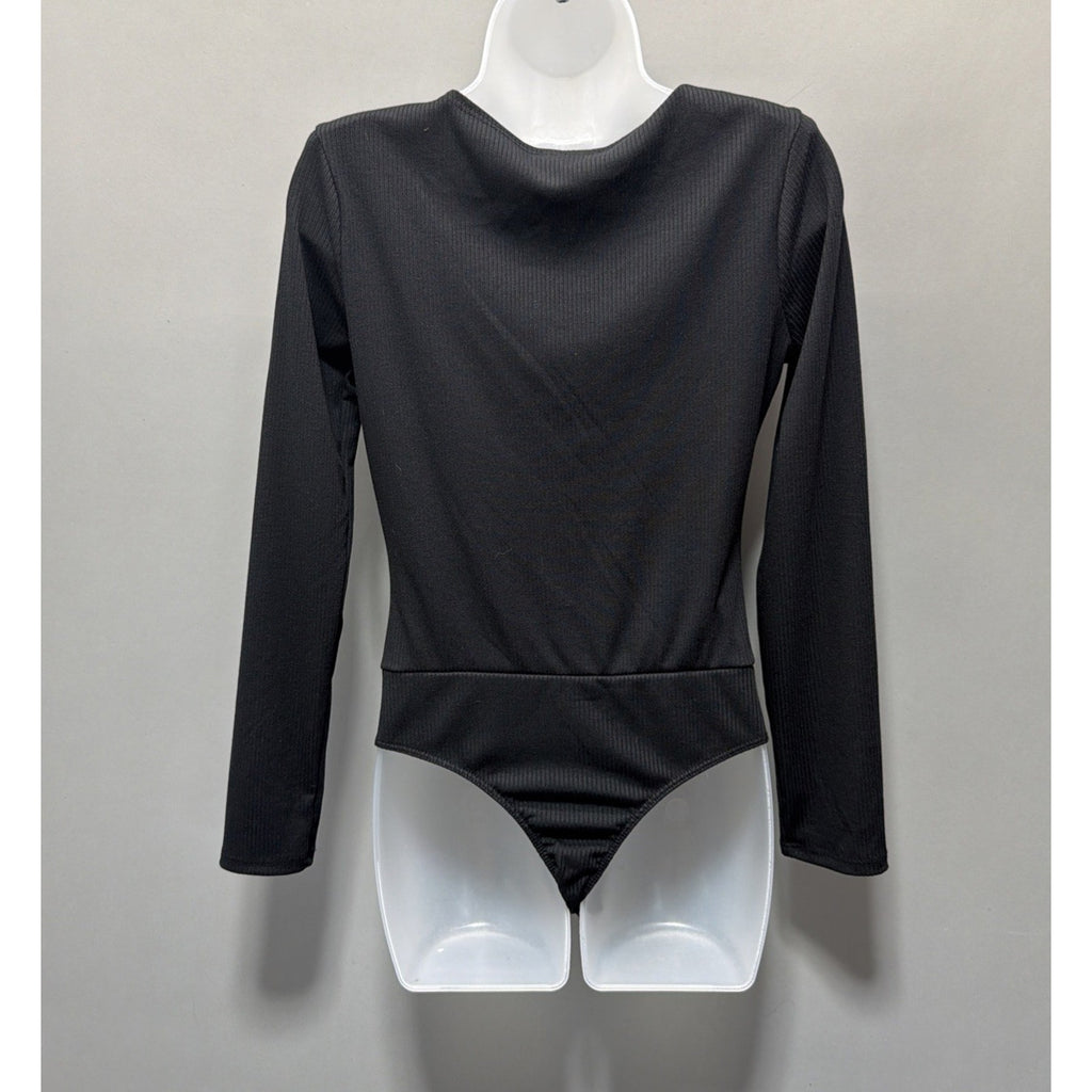 Lush Karmita Black Ribbed Plunge Long Sleeve Bodysuit Women’s Medium New