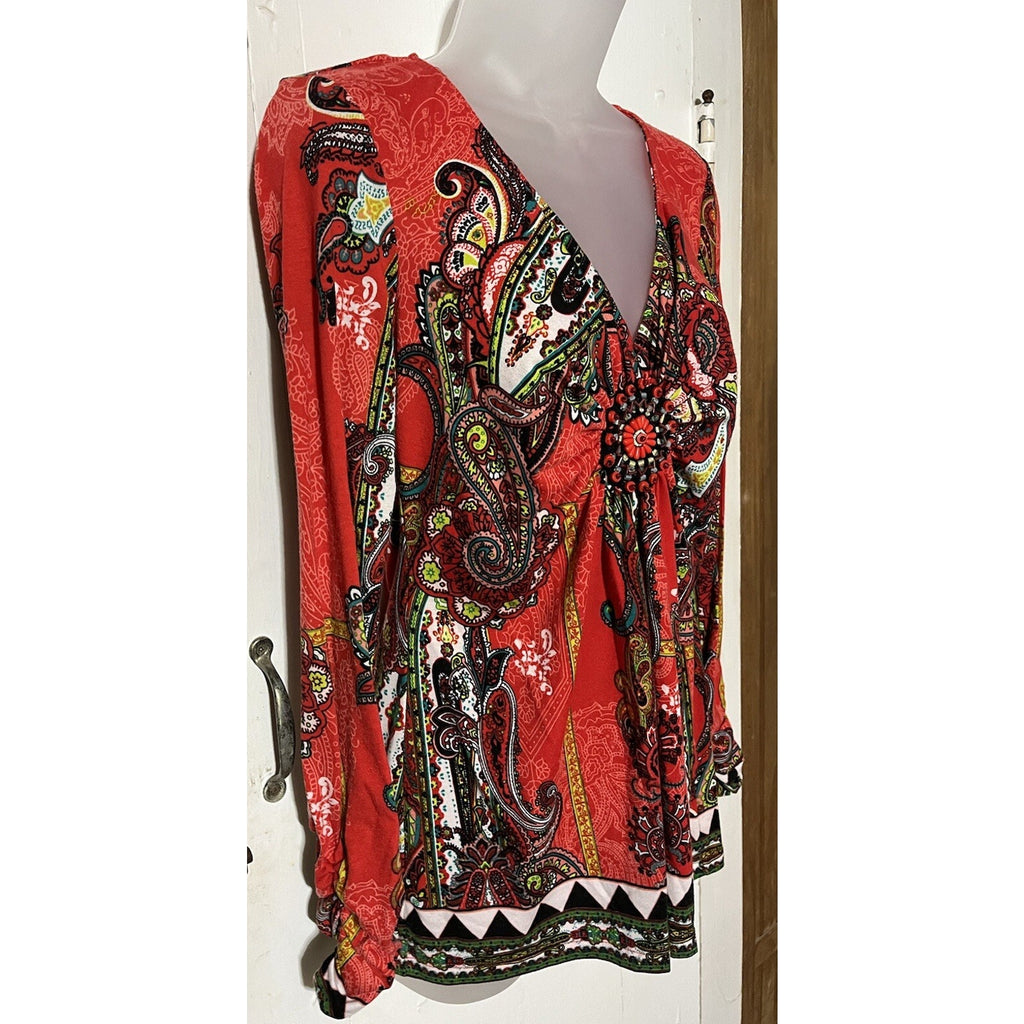 eci New York Women's Size S Long Sleeve V Neck Red Paisley Print Beaded