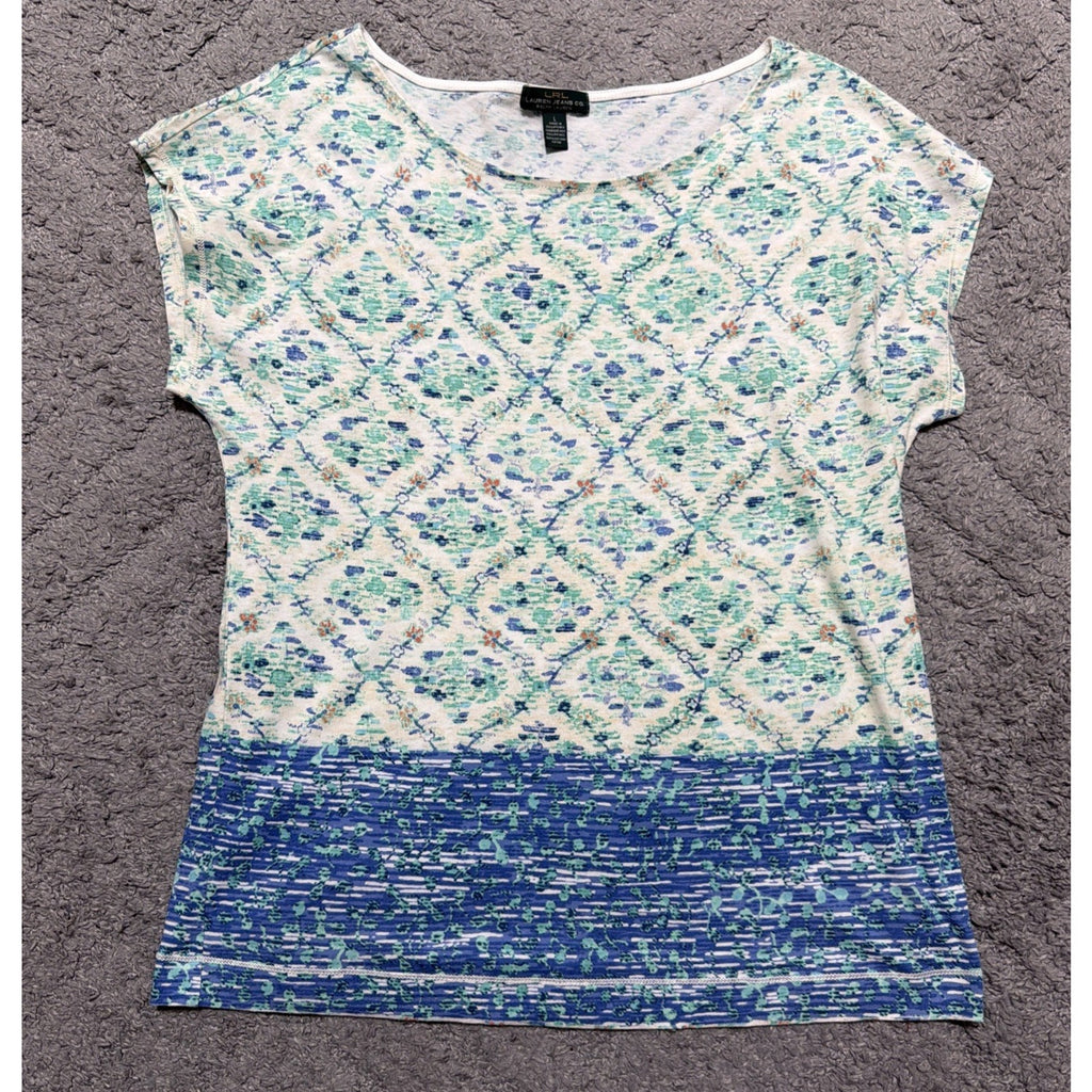 Lauren Ralph Lauren Womens Floral Boat Neck Short Sleeve Top Black Multi L