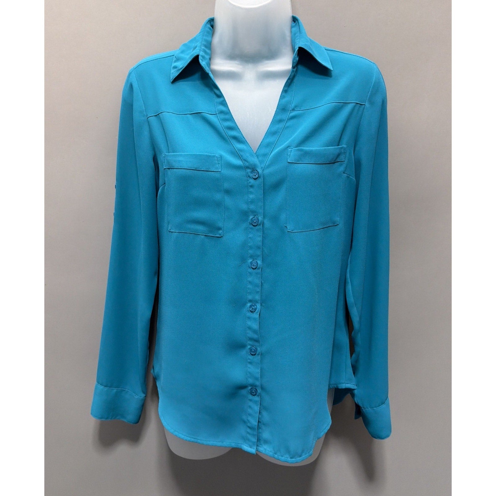 Express Womens Portofino Shirt XS Aqua Blue Button Up Shirt Sheer Collared