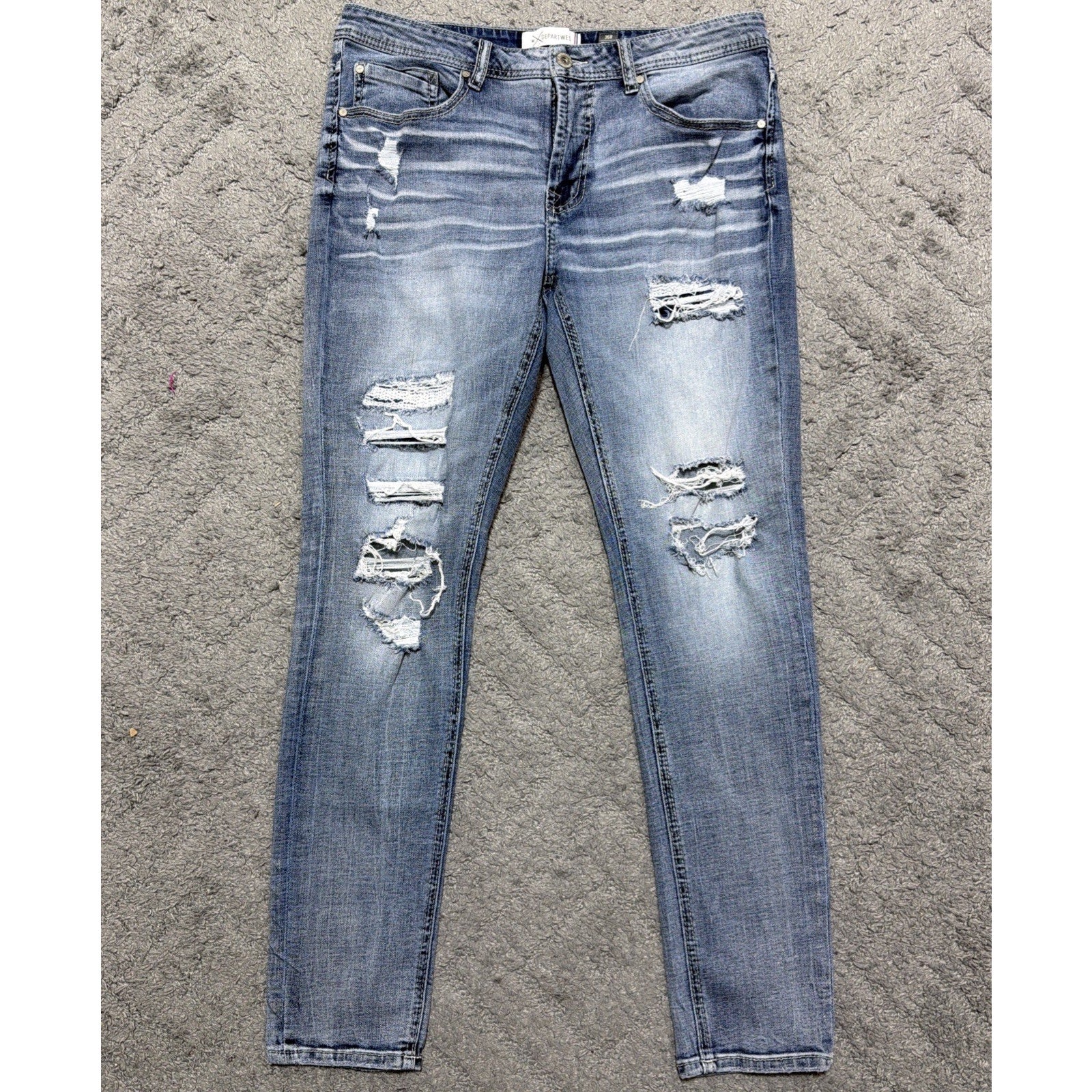 Buckles DEPART WEST Trouper Skinny Stretch Distressed Blue Denim Jeans Mens 36R