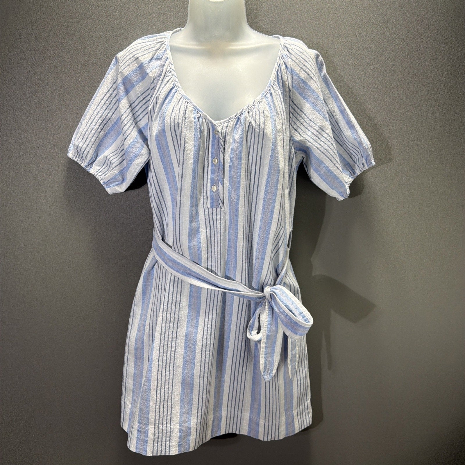 Free Assembly Shirt Dress Womens Small Belted Midi Short Sleeves Blue Stripes