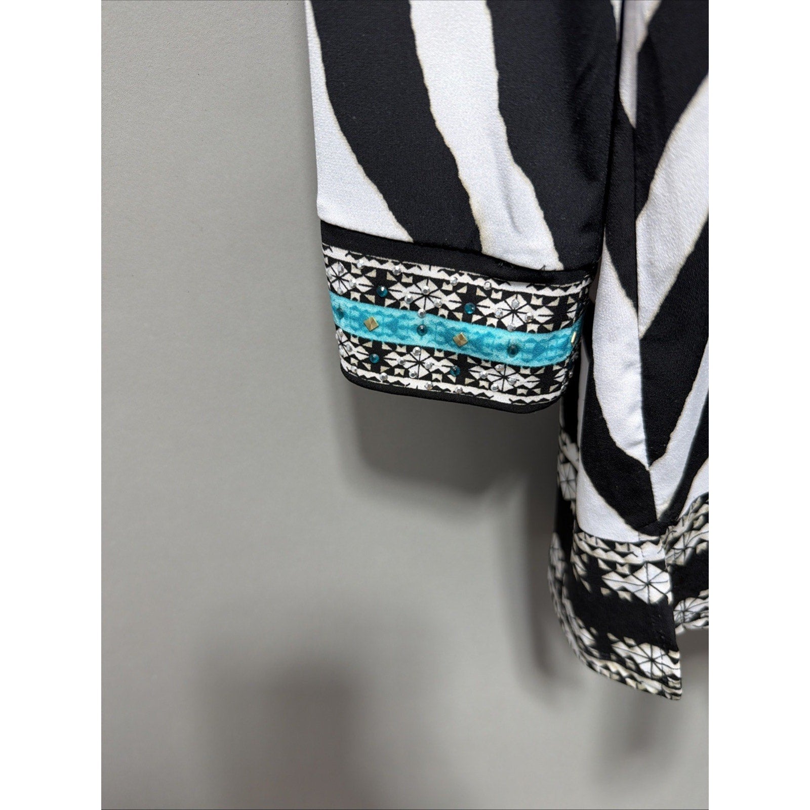 JM Collection Blouse Size L Black Animal Print Beads Boho Aztec V-Neck