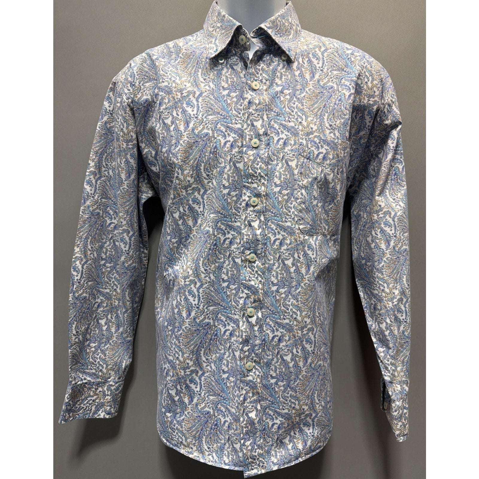 Alan Flusser Shirt Mens Large Blue Paisley Cotton Button Up Preppy Casual