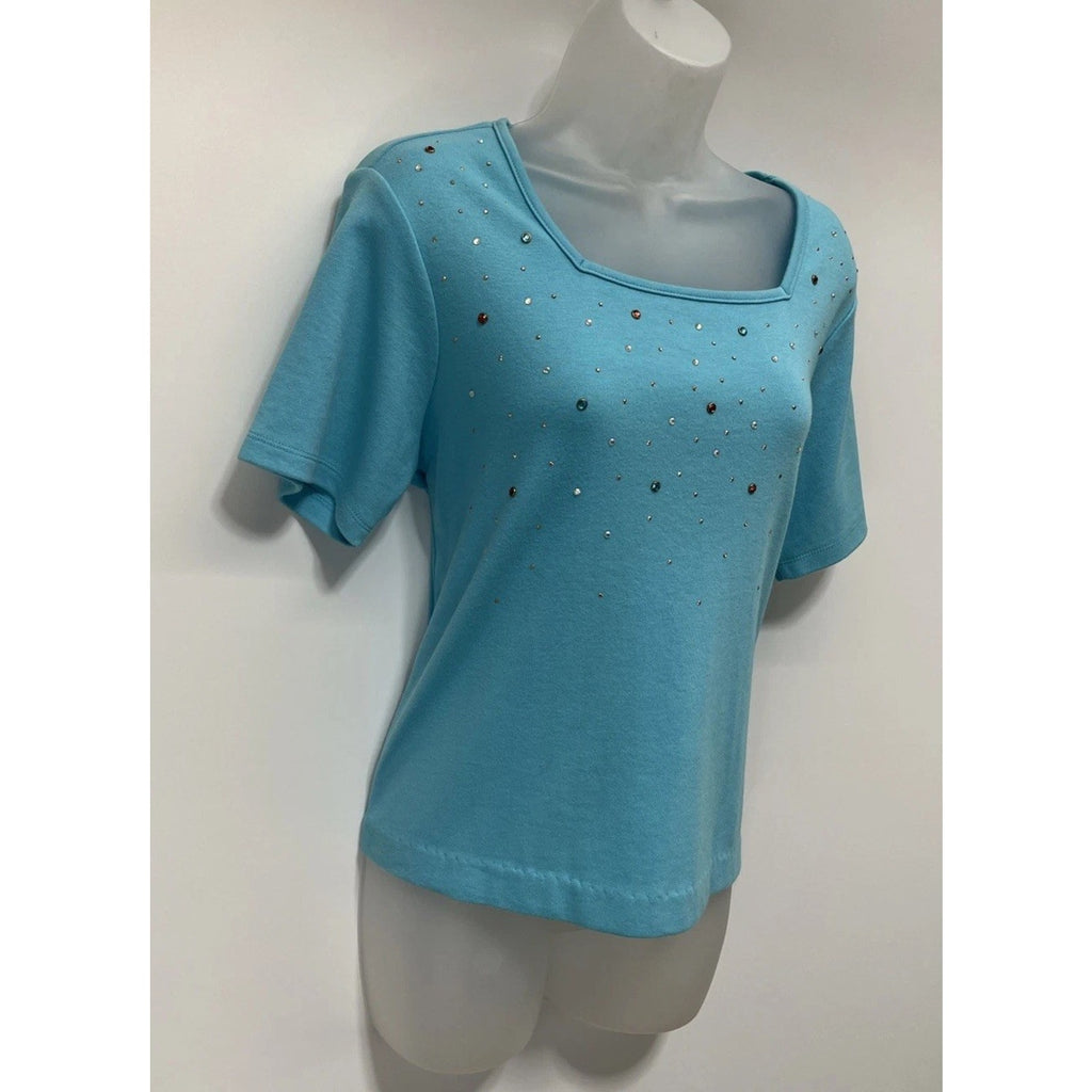 Quacker Factory Rhinestone Embellished Short Sleeve Top Blue Sz S Colorful Gems