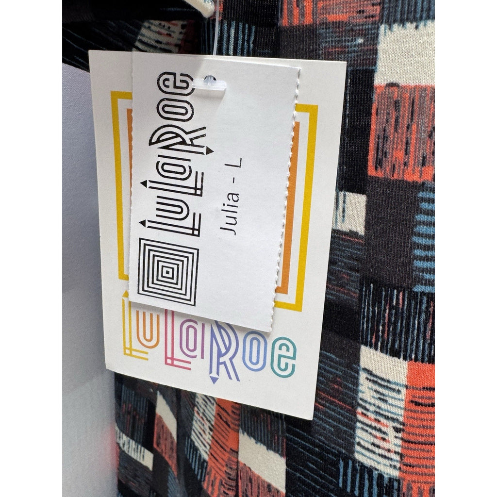 LulaRoe Julia Fitted Sheath Dress Black Orange White Women’s Size Large NWT