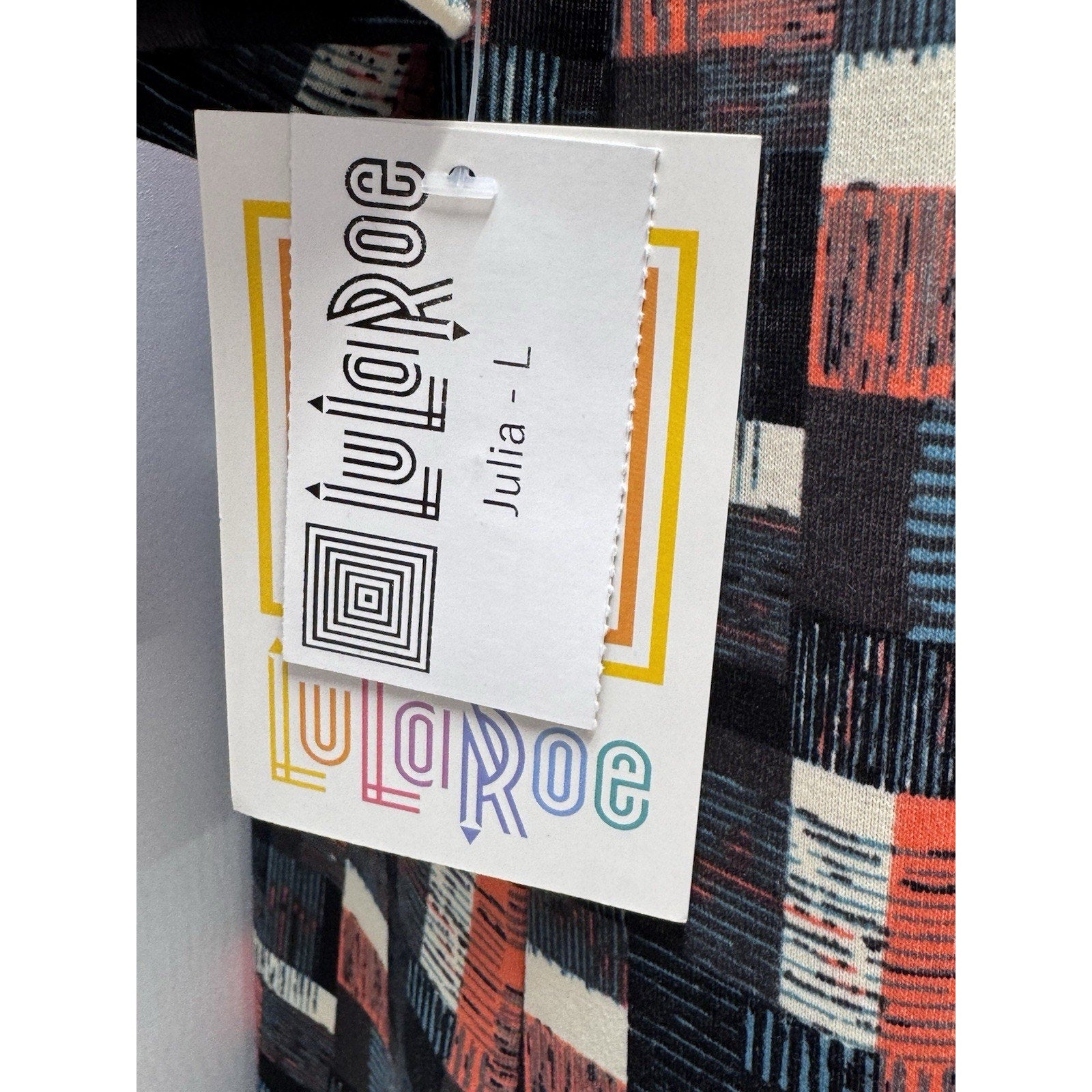 LulaRoe Julia Fitted Sheath Dress Black Orange White Women’s Size Large NWT