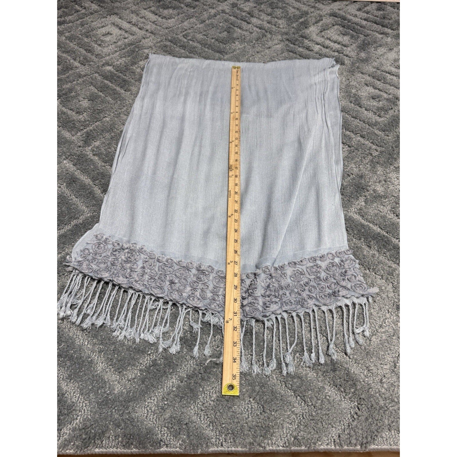 Unbranded Blue Gray Rosette Fringed Trim Scarf Lightweight No Tag Linen Blend