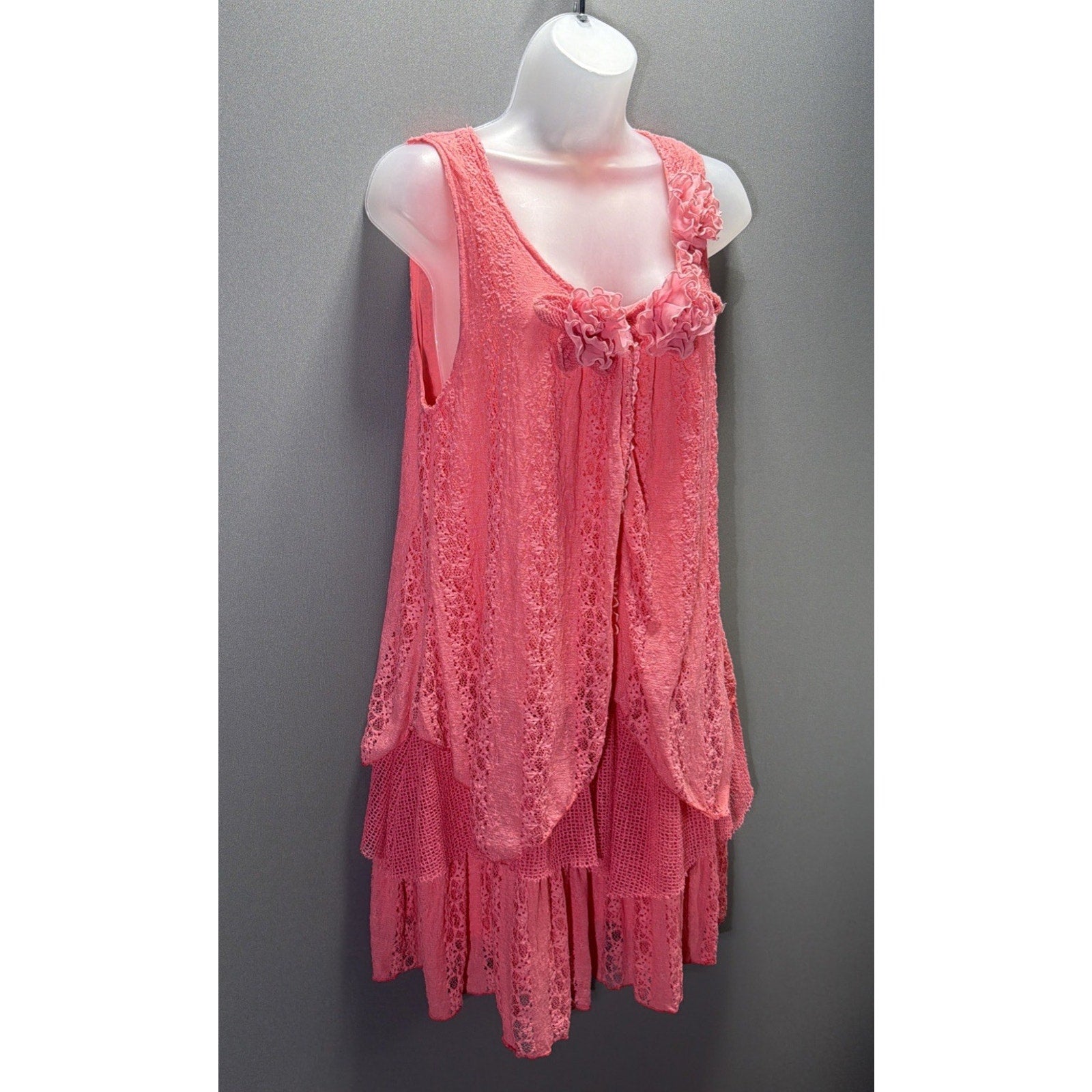 Pretty Angel Tiered Silk Mini Dress Flower Embellishment Size M Stretch Flowy