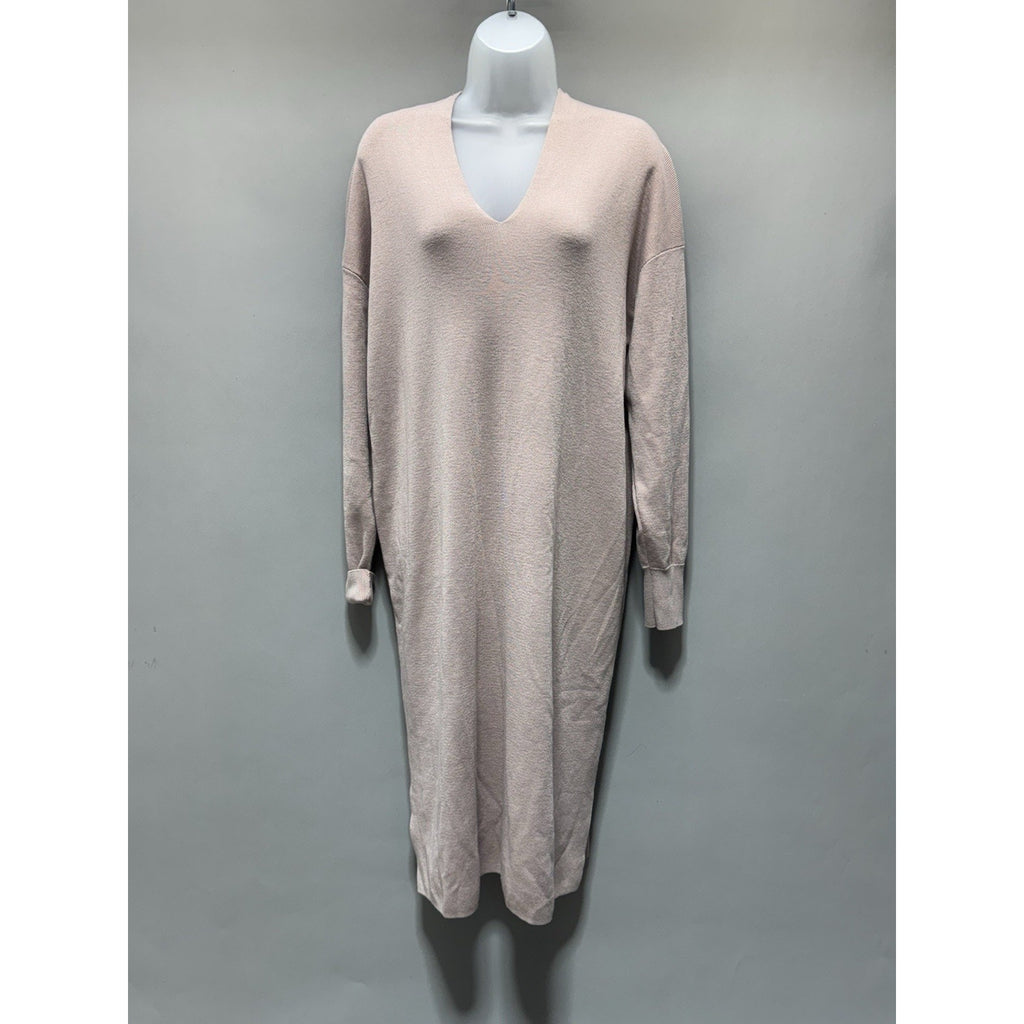 H&M Basics Knit Sweater Dress Womens M Beige V Neck Long Sleeve Midi NWT