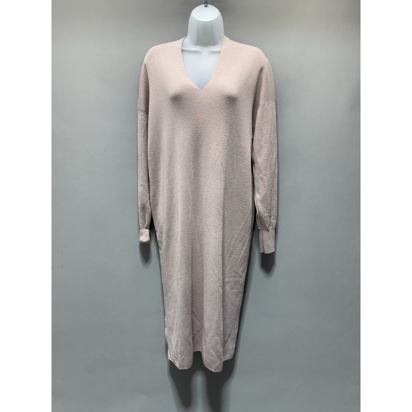 H&M Basics Knit Sweater Dress Womens M Beige V Neck Long Sleeve Midi NWT