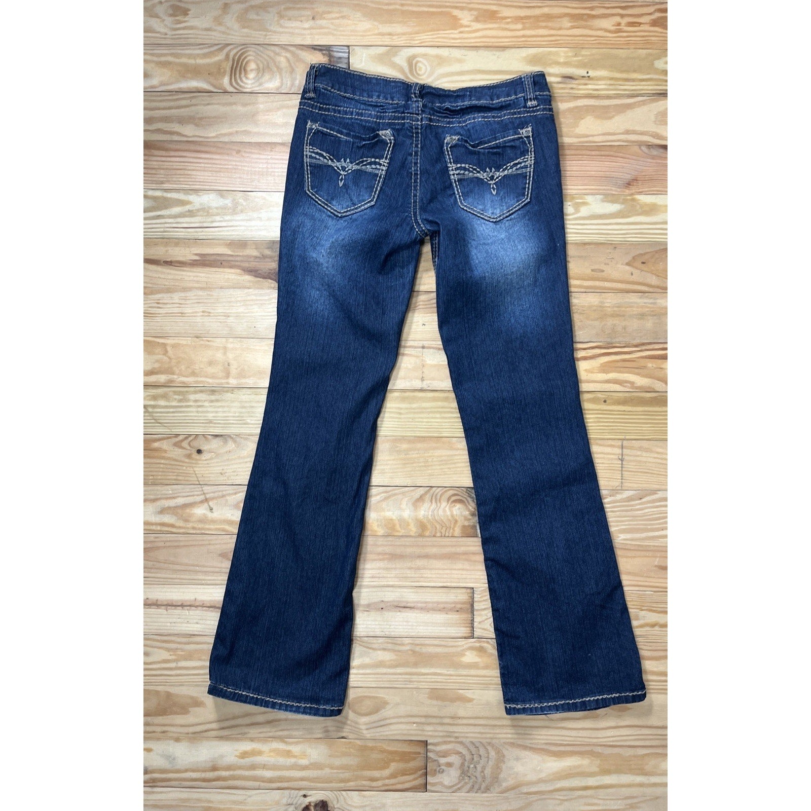 Bongo Jeans Women's 9 Flirty Bootcut Leg Stretch Whiskering Crinkle Wrinkle Dark