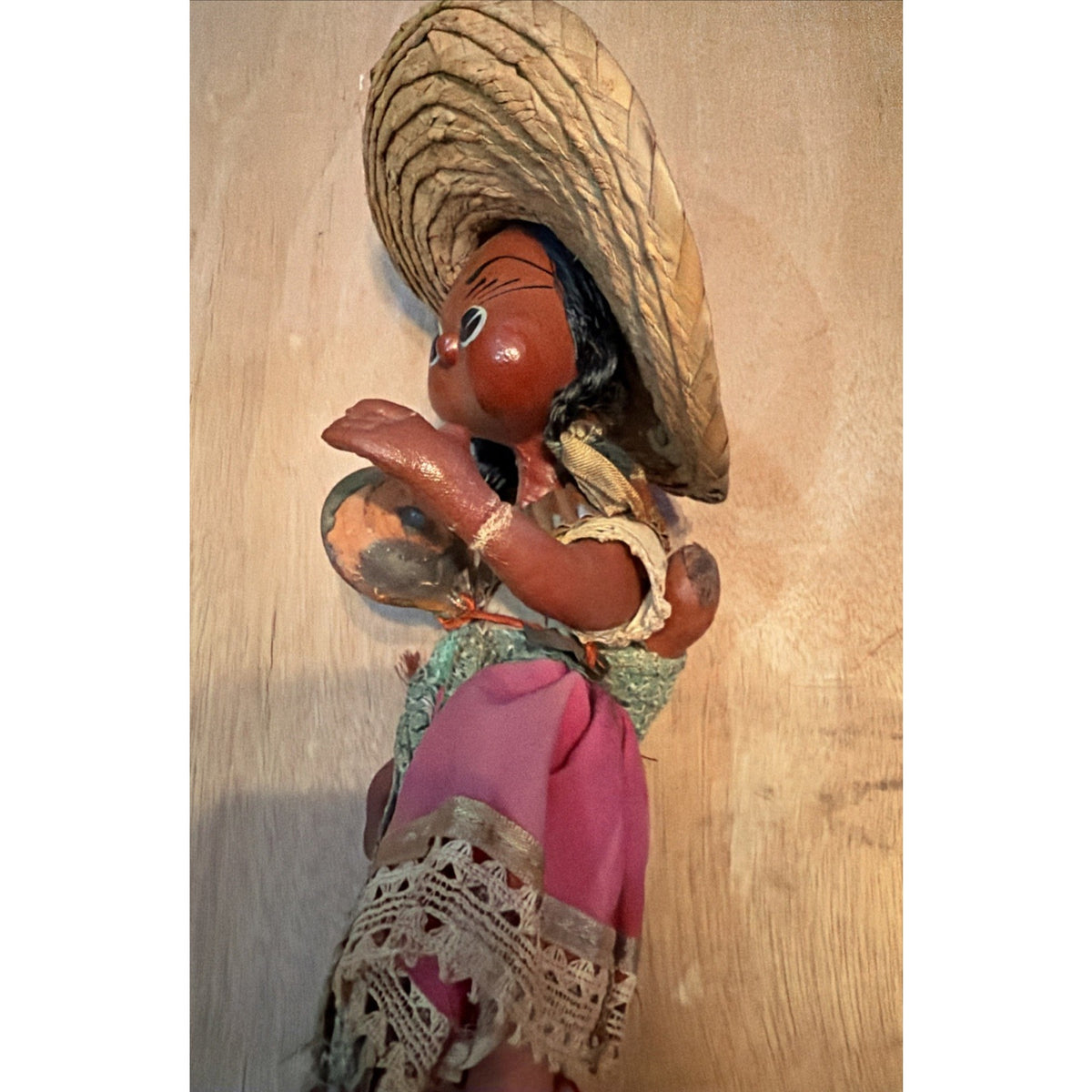 Vintage Mexican Folk Art Mother Baby Doll Sombrero Bowl Pink Dress 14” Souvenir