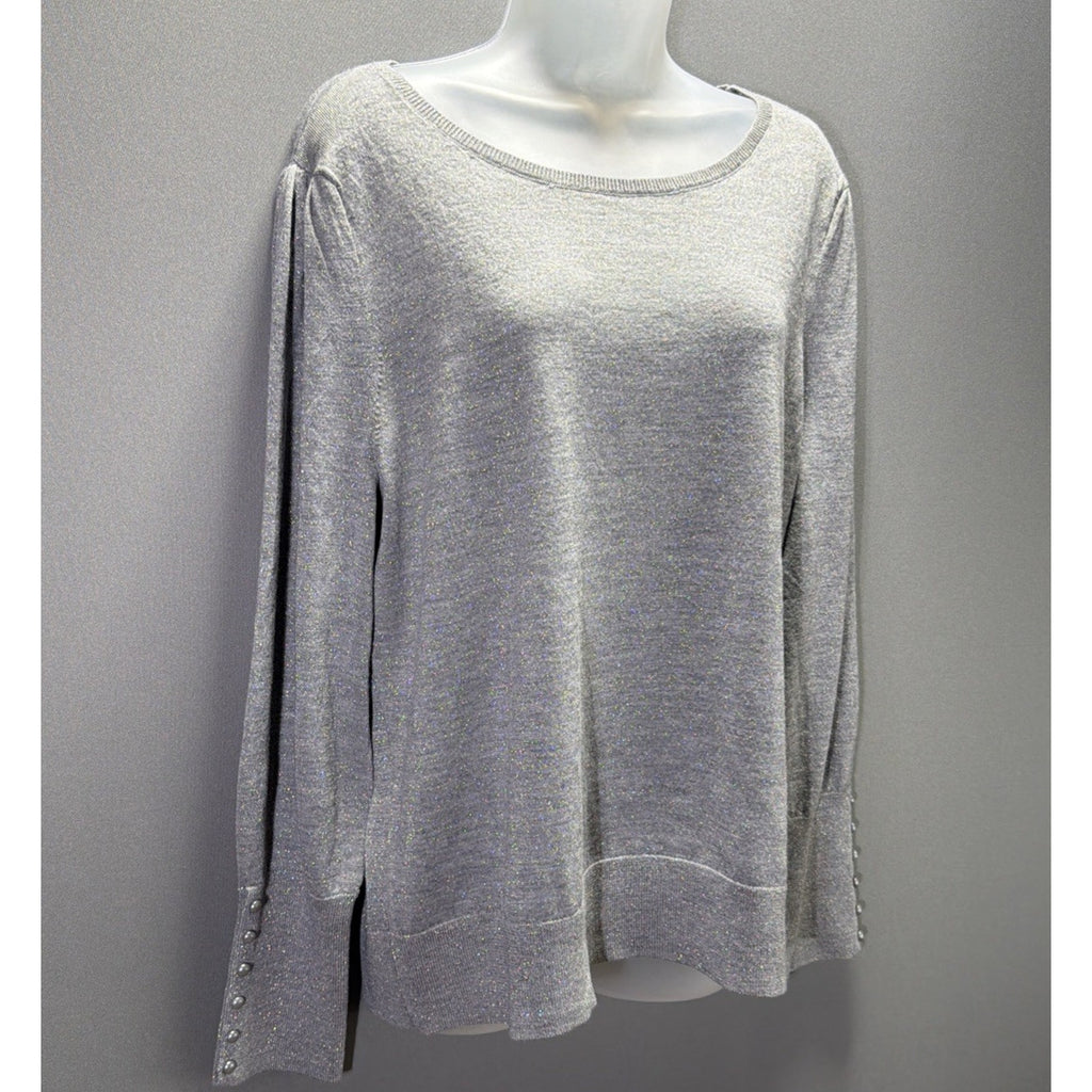 Talbots XL Sweater Gray Shimmer Silver Merino Wool Pearl Button Cuff New W Tags