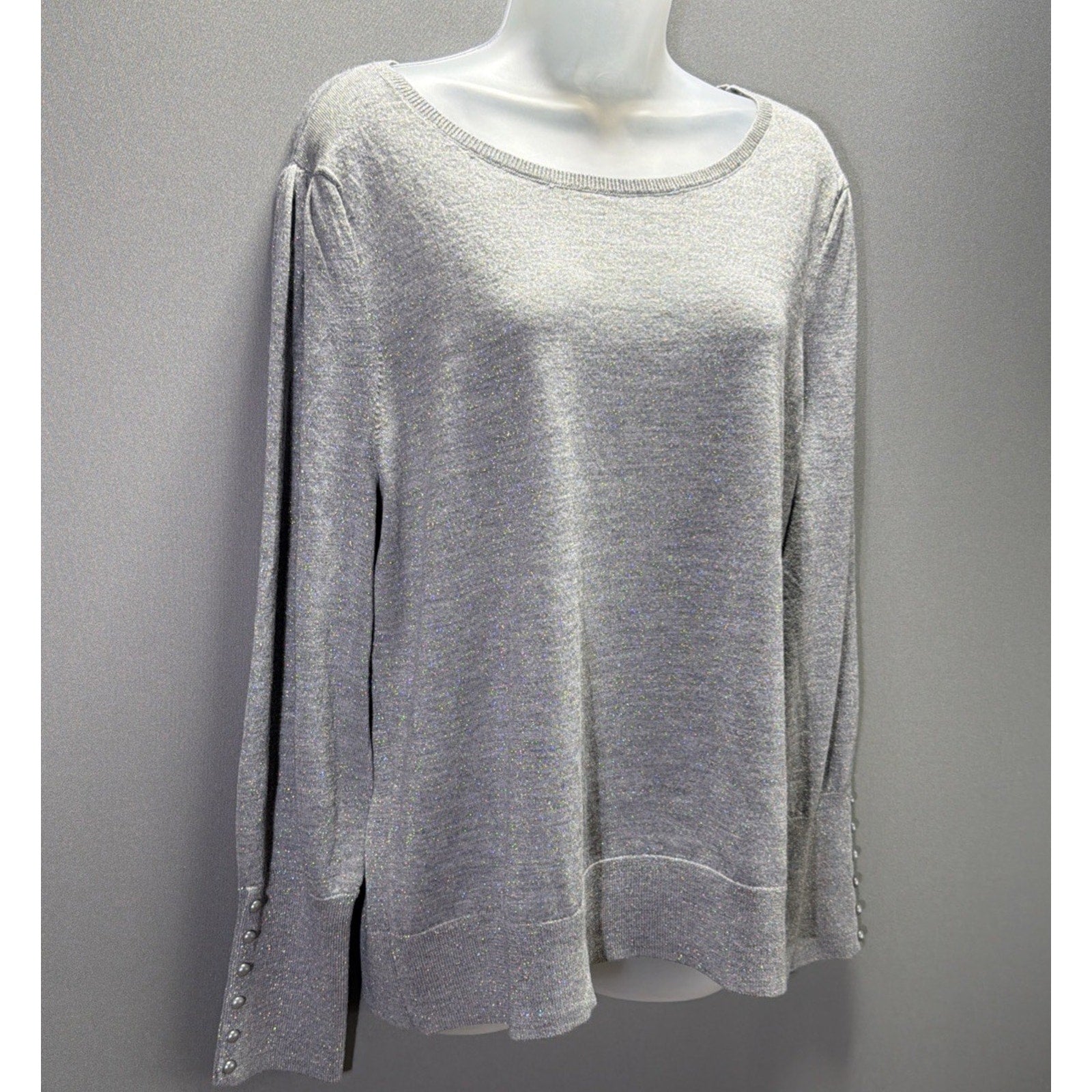 Talbots XL Sweater Gray Shimmer Silver Merino Wool Pearl Button Cuff New W Tags