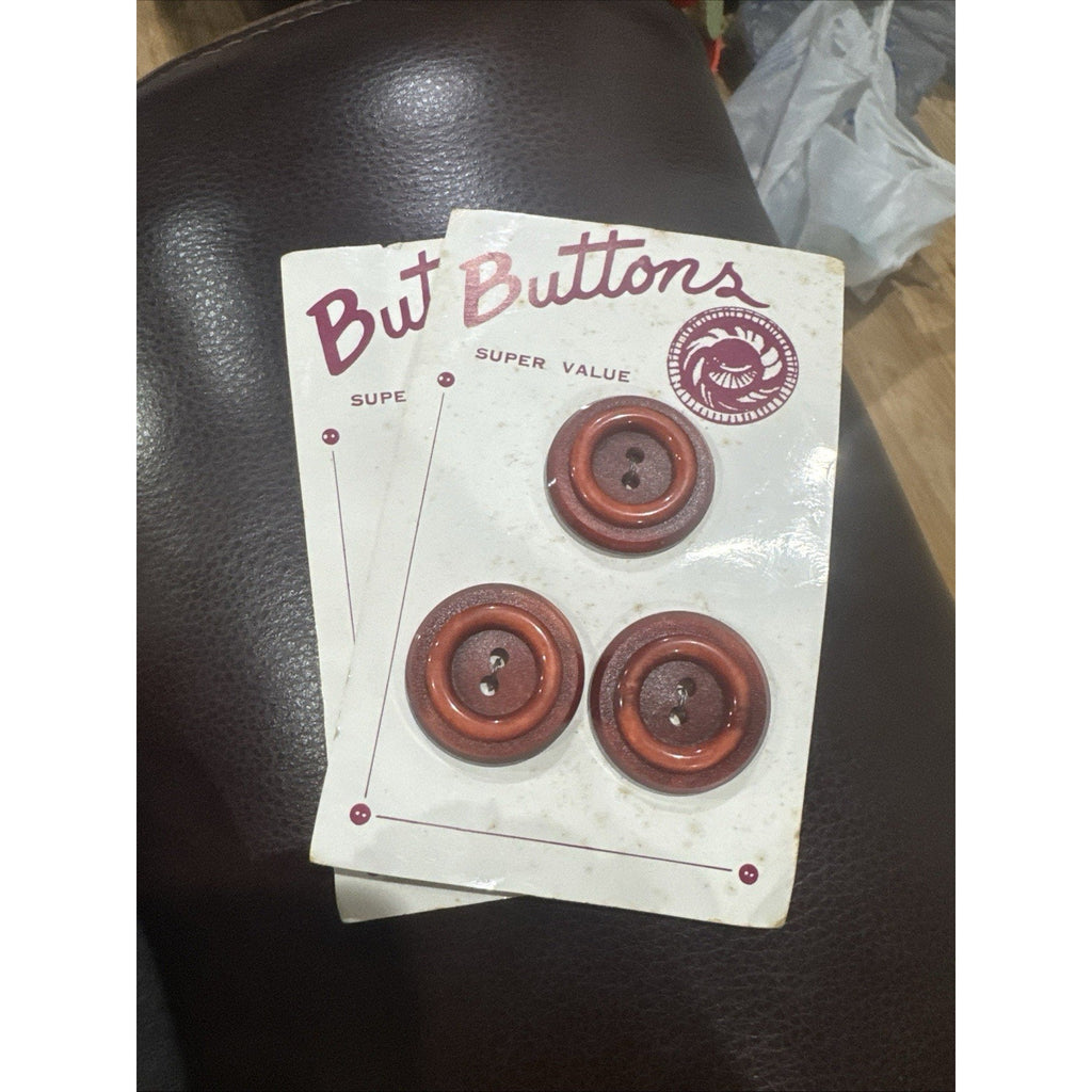 6 Brown Rust 2-Hole Coat Buttons 1¼” on Original Cards Sewing Craft Lot