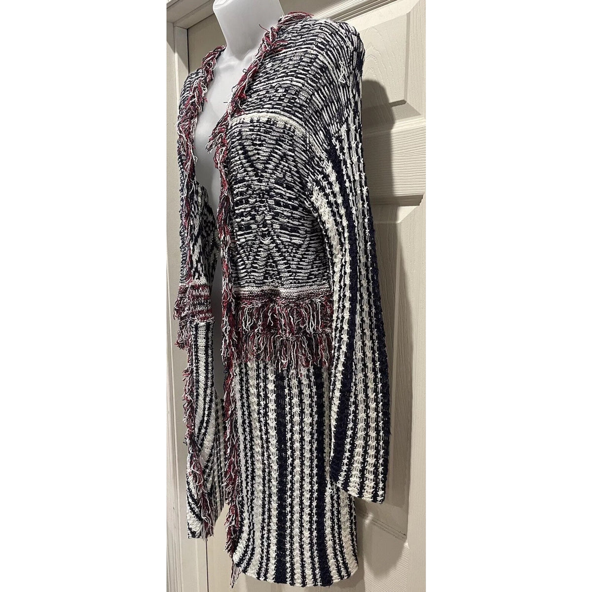 Women New Directions Blue, Red & White Open Front Sweater Cardigan Size L